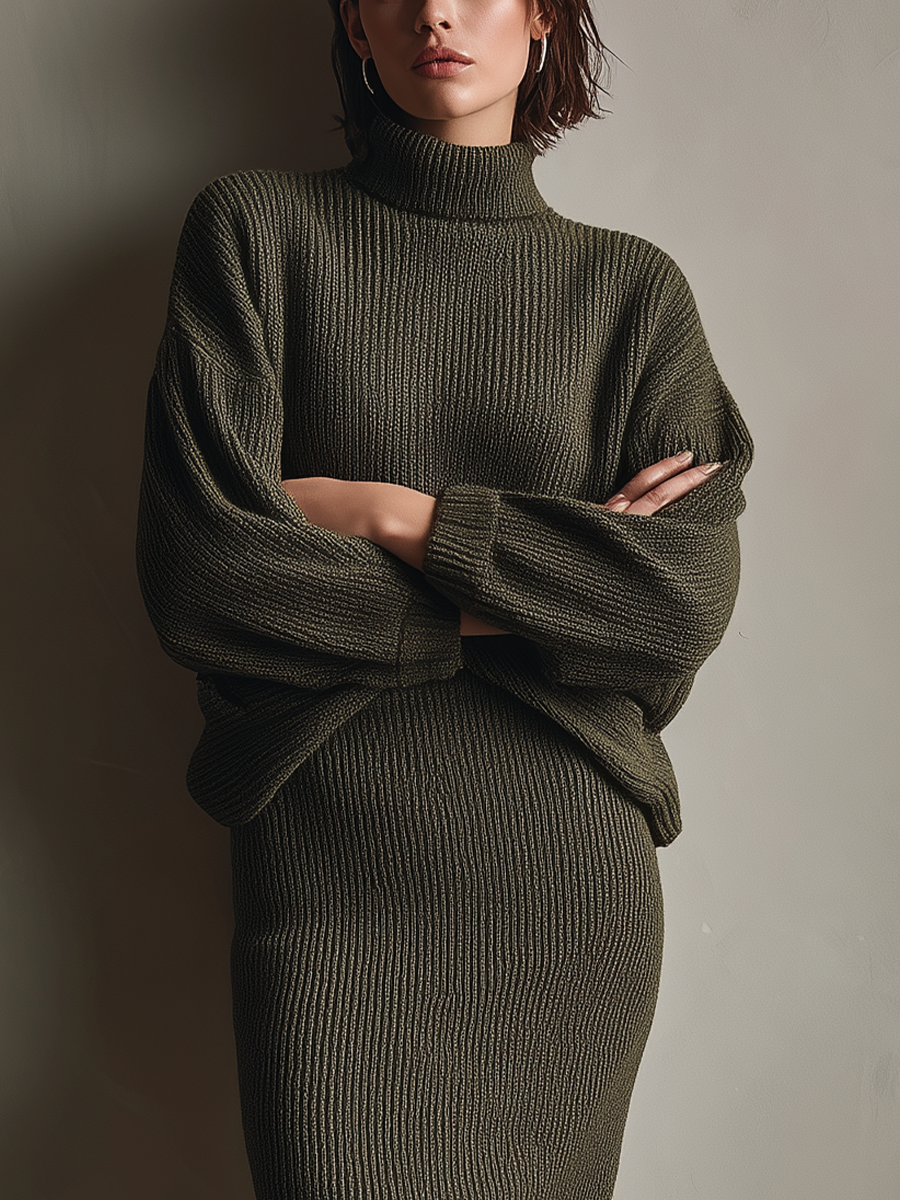 Women's Military Green Knit Turtleneck Top And Pencil Skirt Set MDA0178K4T