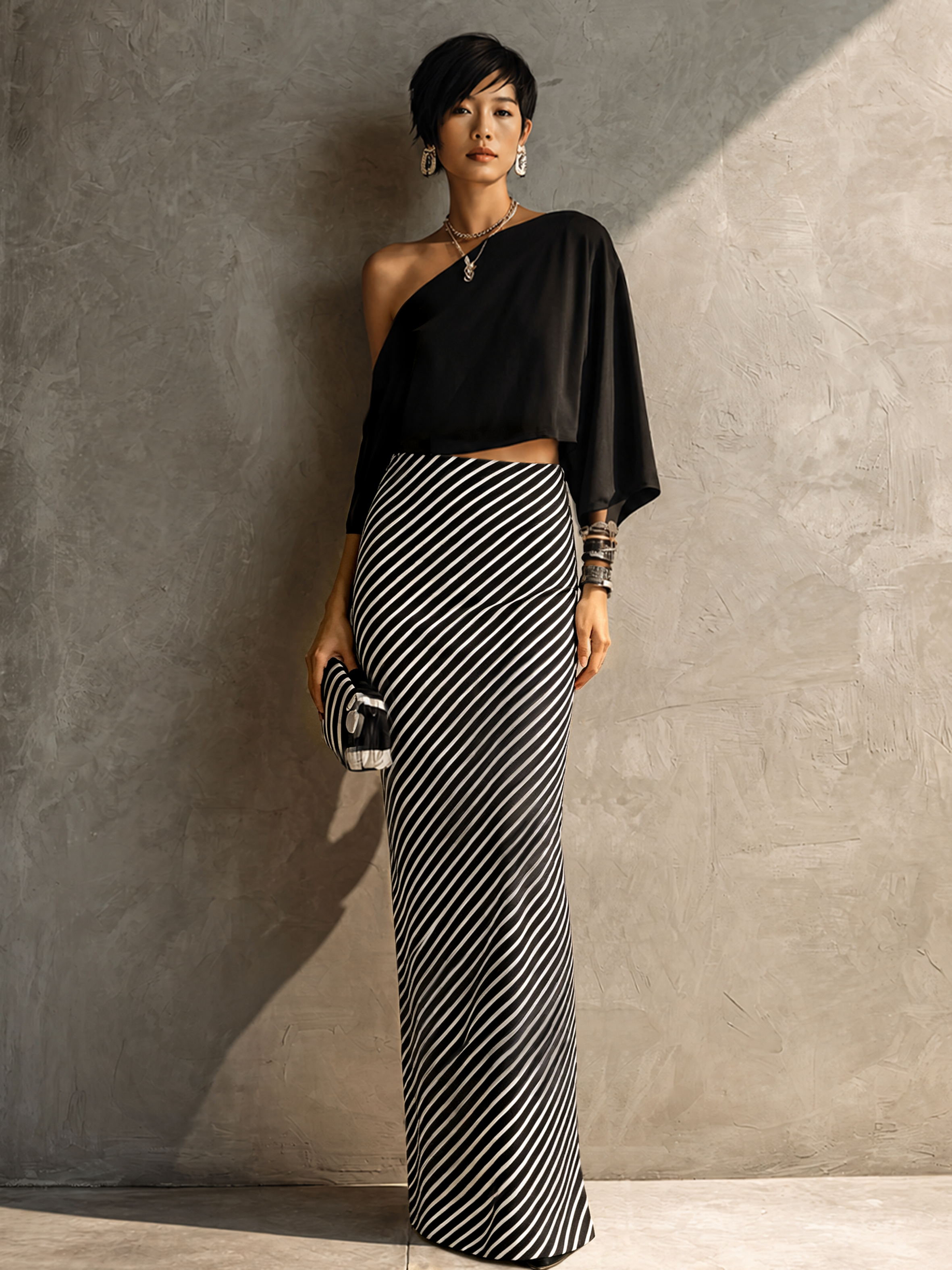 Women's Modern Elegant Black White Knit Cotton Blend One-Shoulder Striped Maxi Skirt Set MDZ2985G7GMJ