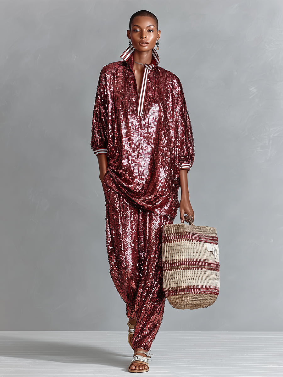 Women's Burgundy Sequin Polo Shirt With Contrast Striped Trim & Oversized Fit, Timeless Party-Glam Style Top MDZ1663D8LYL