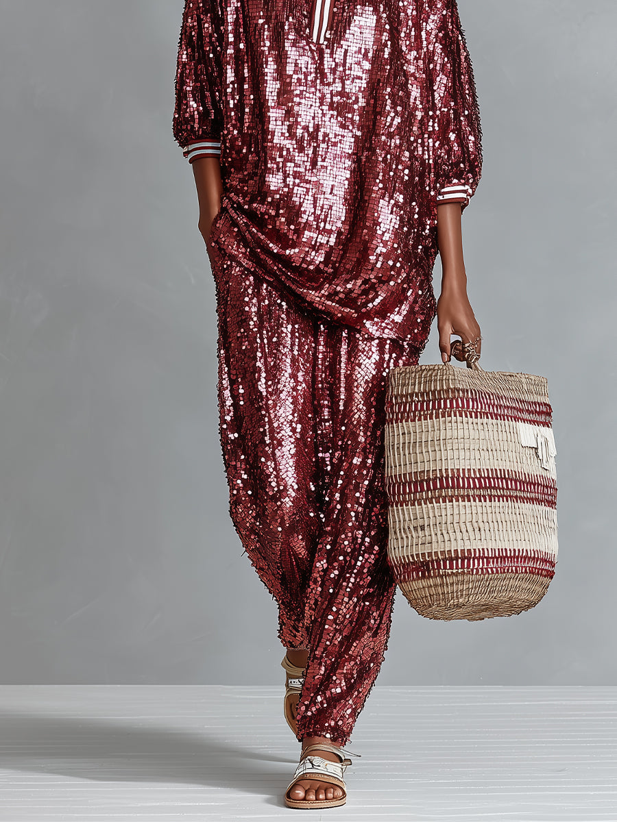 Women's Burgundy Sequin Polo Shirt With Contrast Striped Trim & Oversized Fit, Timeless Party-Glam Style Top MDZ1663D8LYL