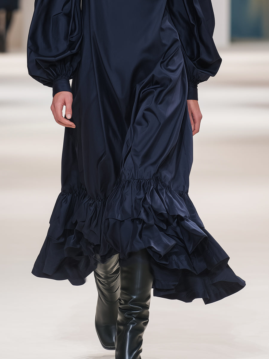 Women's Navy Satin Elegant Dress With Cold Shoulder & Puff Sleeves Midi Dress MDA2995K2I