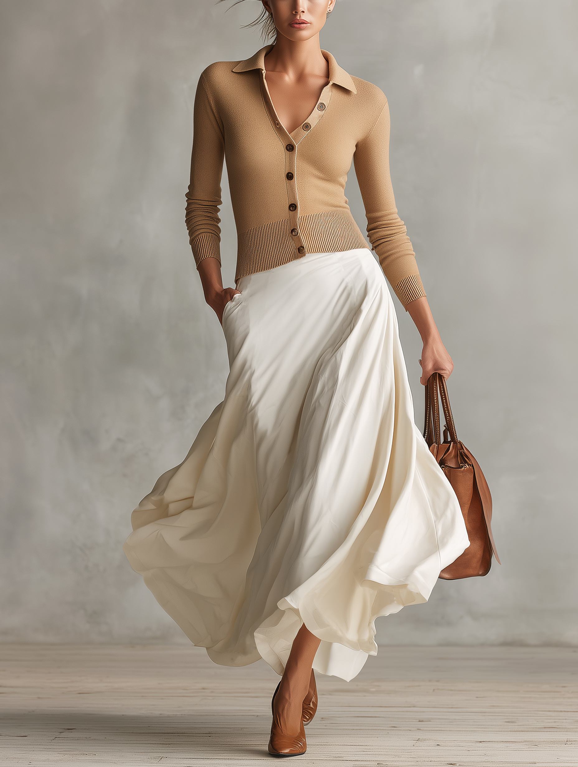 Women's Casual Khaki Long-Sleeved Knit Cardigan And A White Woven Skirt Two-Piece Set MDZ2129H9LXY