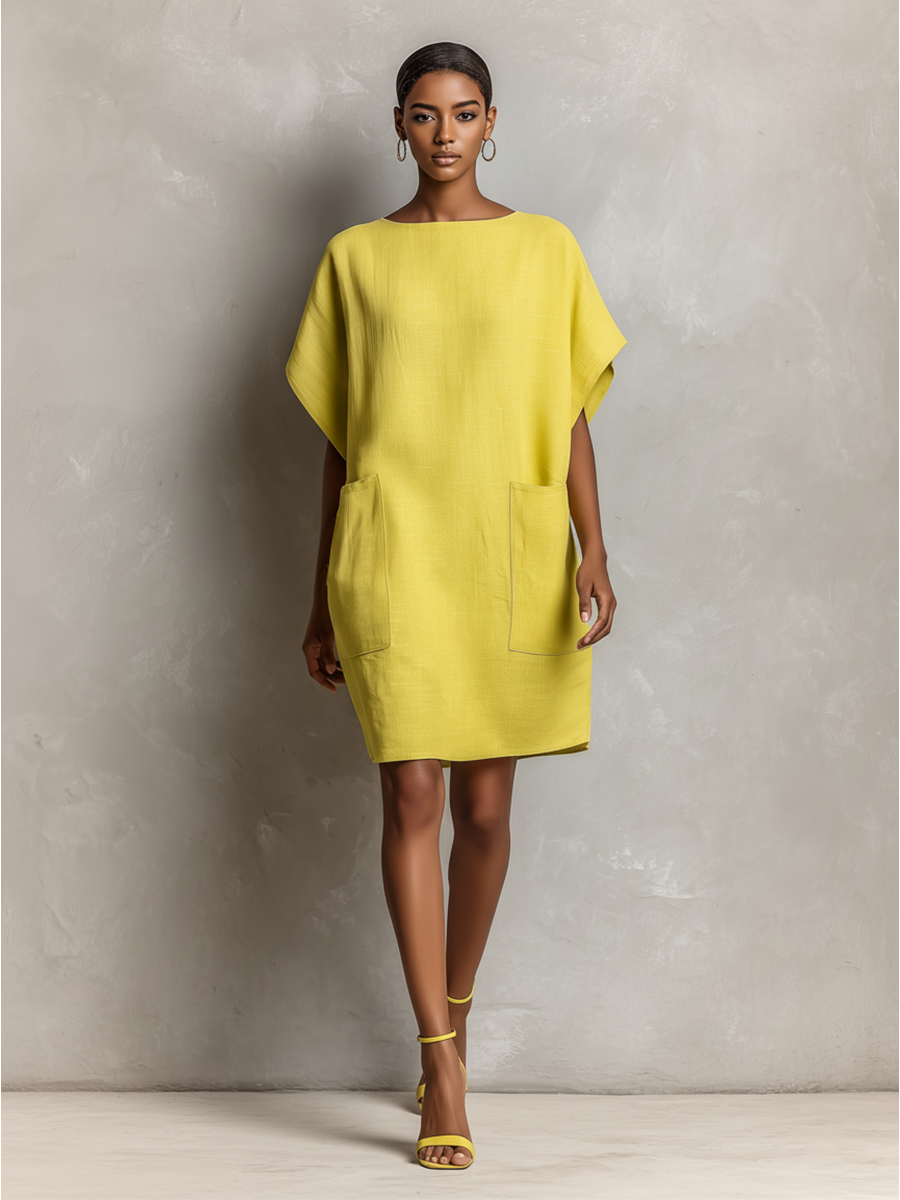 Women’s Lime Yellow Linen-Blend Batwing Sleeve Patch Pocket Shift Dress MDZ2671C3T