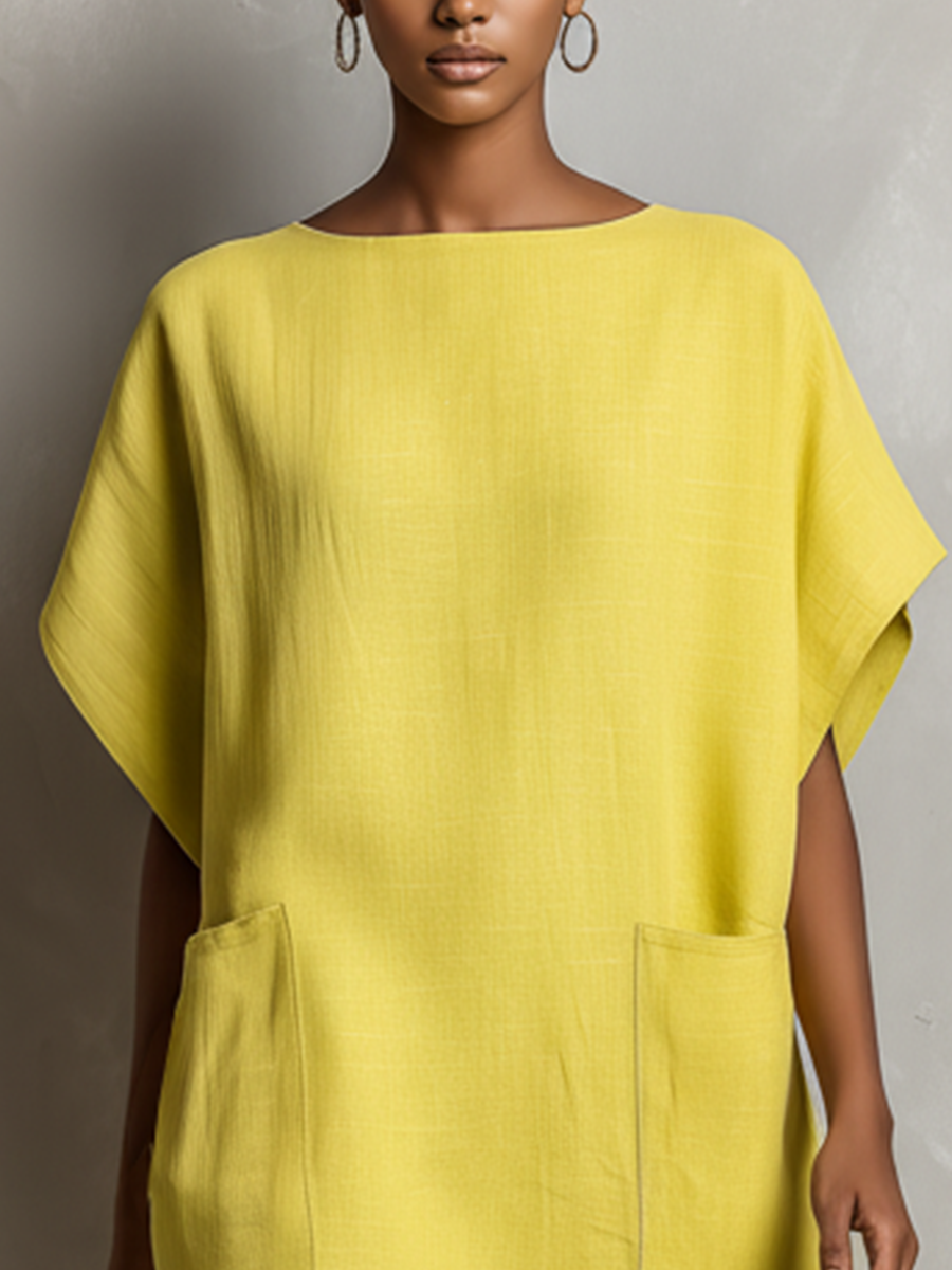 Women’s Lime Yellow Linen-Blend Batwing Sleeve Patch Pocket Shift Dress MDZ2671C3T