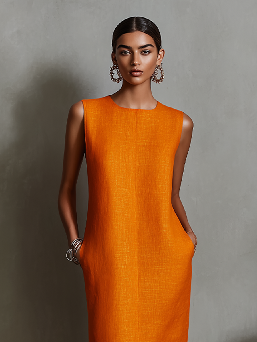 Women's Orange Linen Shift Dress With Sleeveless Round Neck & Side Pockets, Timeless Minimalist-Elegant Style Dress MDZ2851C7I