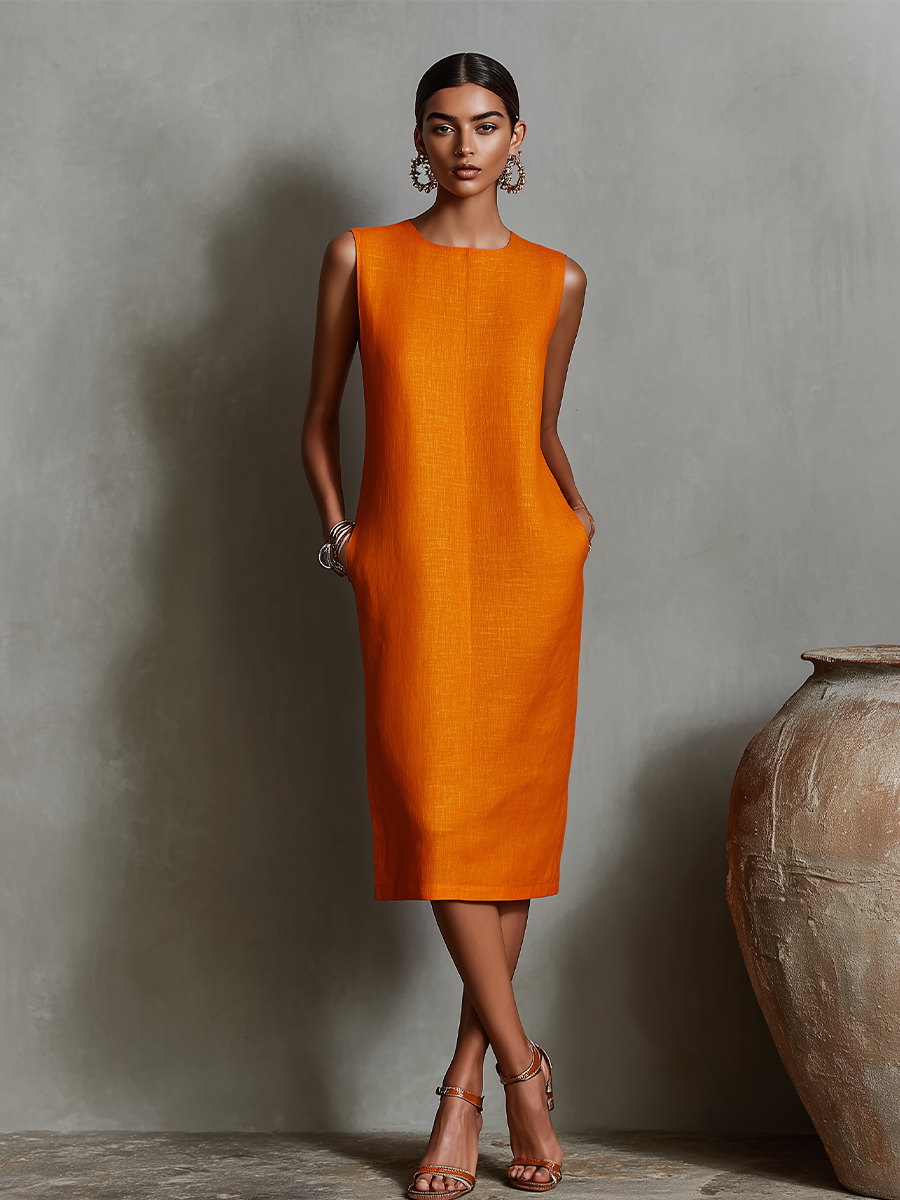 Women's Orange Linen Shift Dress With Sleeveless Round Neck & Side Pockets, Timeless Minimalist-Elegant Style Dress MDZ2851C7I