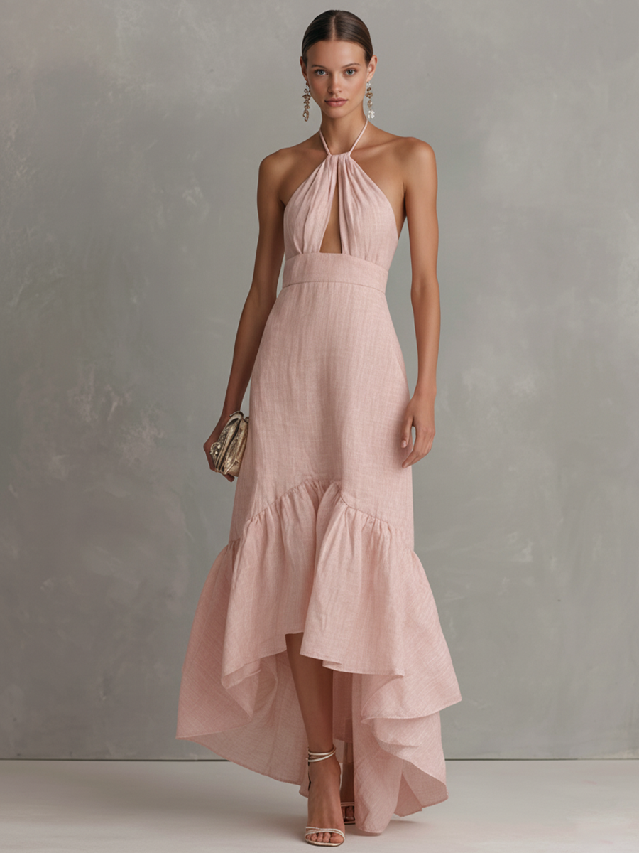 Women's Elegant Pink Cotton-Linen Halter Maxi Dress With Front Cutout   Modesees