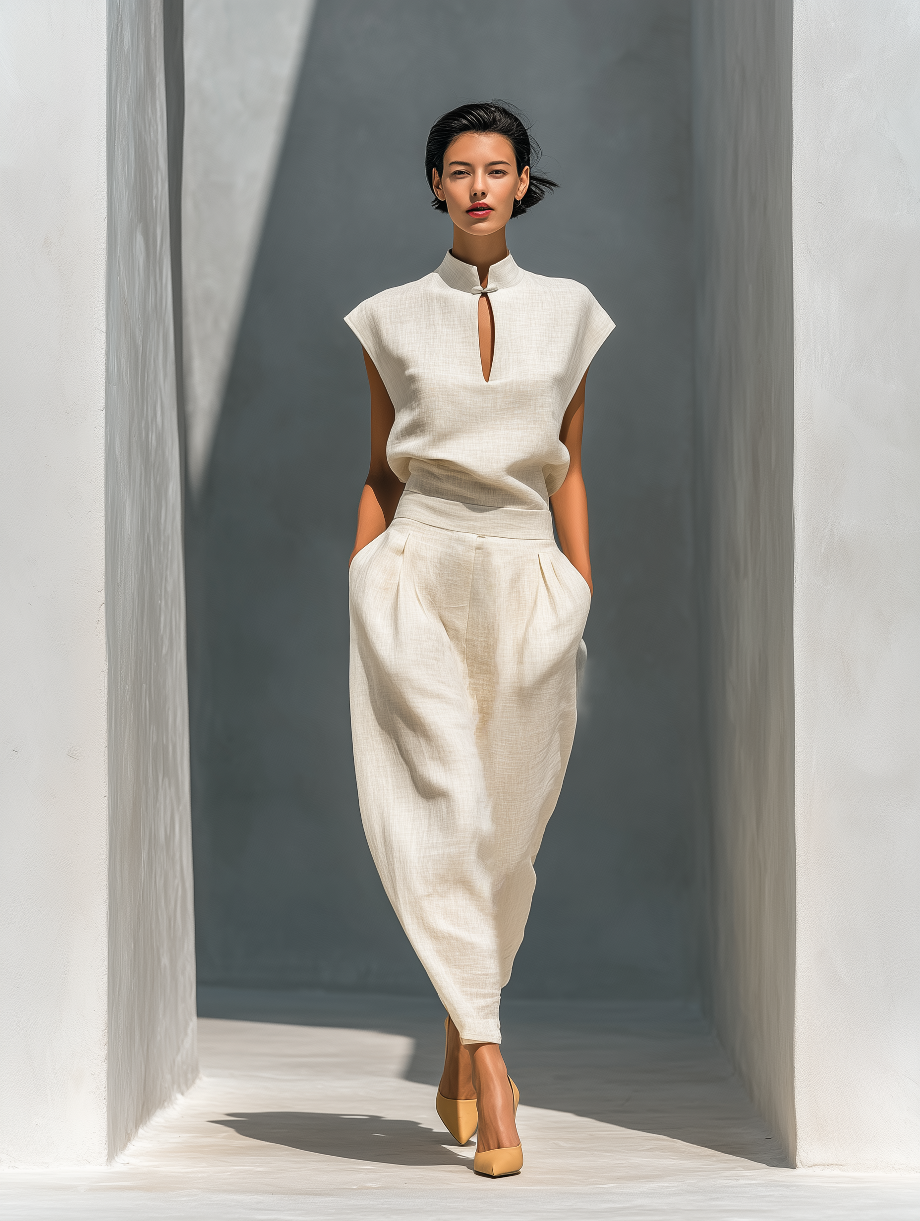 Women’s Ivory Linen-Blend Mandarin Collar Keyhole Top & High-Waisted Barrel Leg Skirt Two-Piece Set MDZ0128D1T