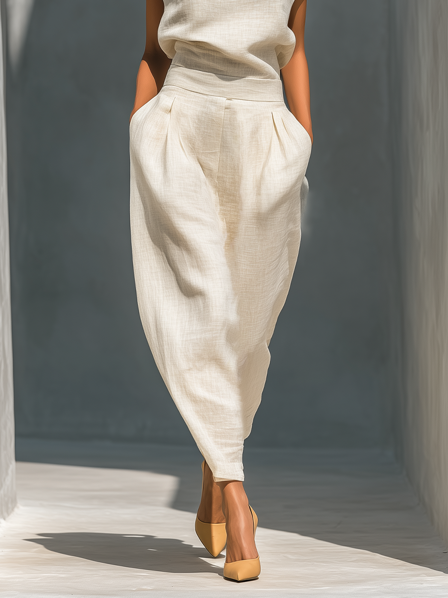 Women’s Ivory Linen-Blend Mandarin Collar Keyhole Top & High-Waisted Barrel Leg Skirt Two-Piece Set MDZ0128D1T