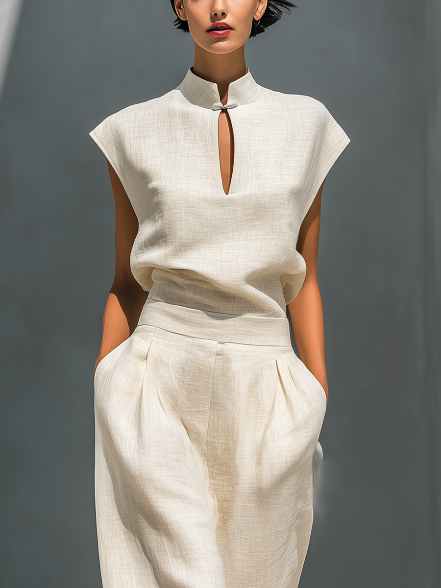 Women’s Ivory Linen-Blend Mandarin Collar Keyhole Top & High-Waisted Barrel Leg Skirt Two-Piece Set MDZ0128D1T