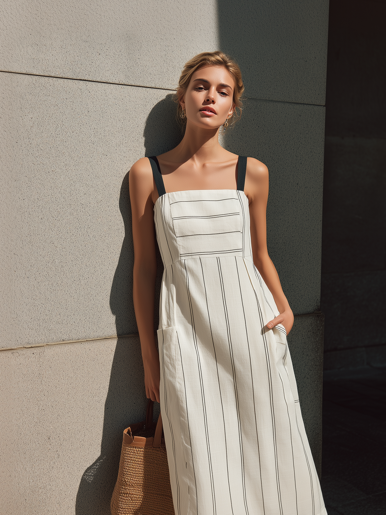 Women's Elegant White Striped Cotton-Linen Midi Dress — Square Neck, Sleeveless MDZ0279D9LXY