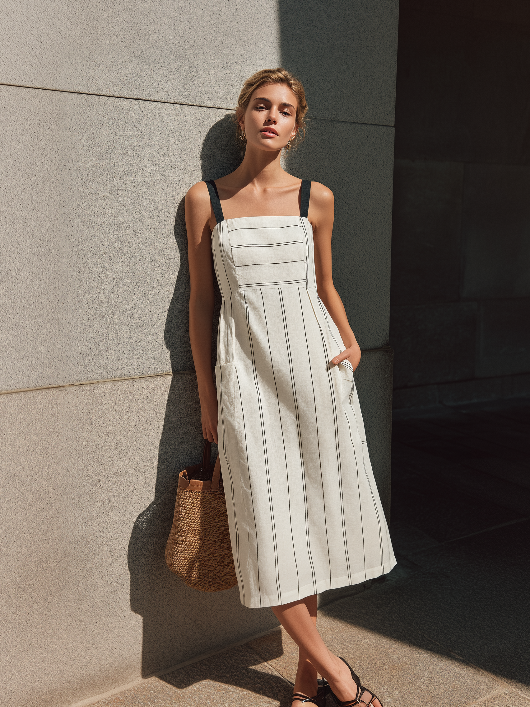 Women's Elegant White Striped Cotton-Linen Midi Dress — Square Neck, Sleeveless MDZ0279D9LXY