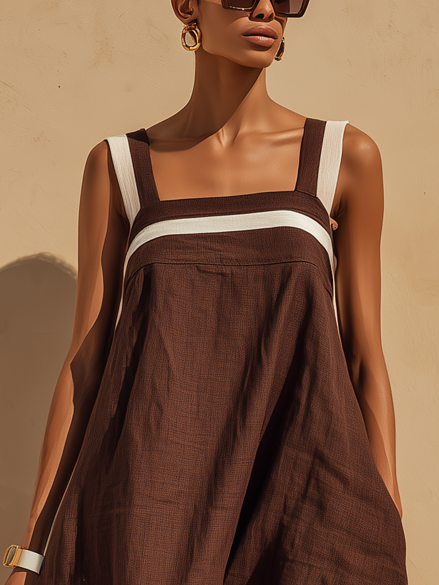 Women’s Chocolate Brown Linen-Blend Square Neck Contrast Stripe Sleeveless Maxi Dress MDZ0274D6T