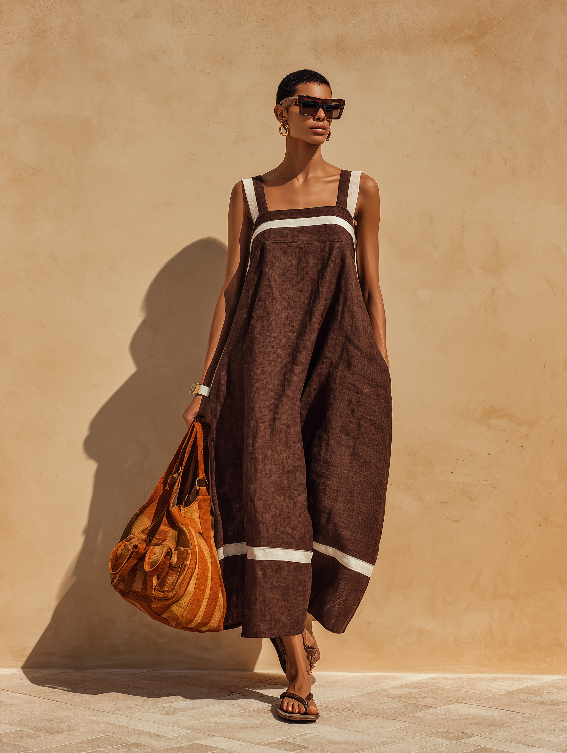 Women’s Chocolate Brown Linen-Blend Square Neck Contrast Stripe Sleeveless Maxi Dress MDZ0274D6T