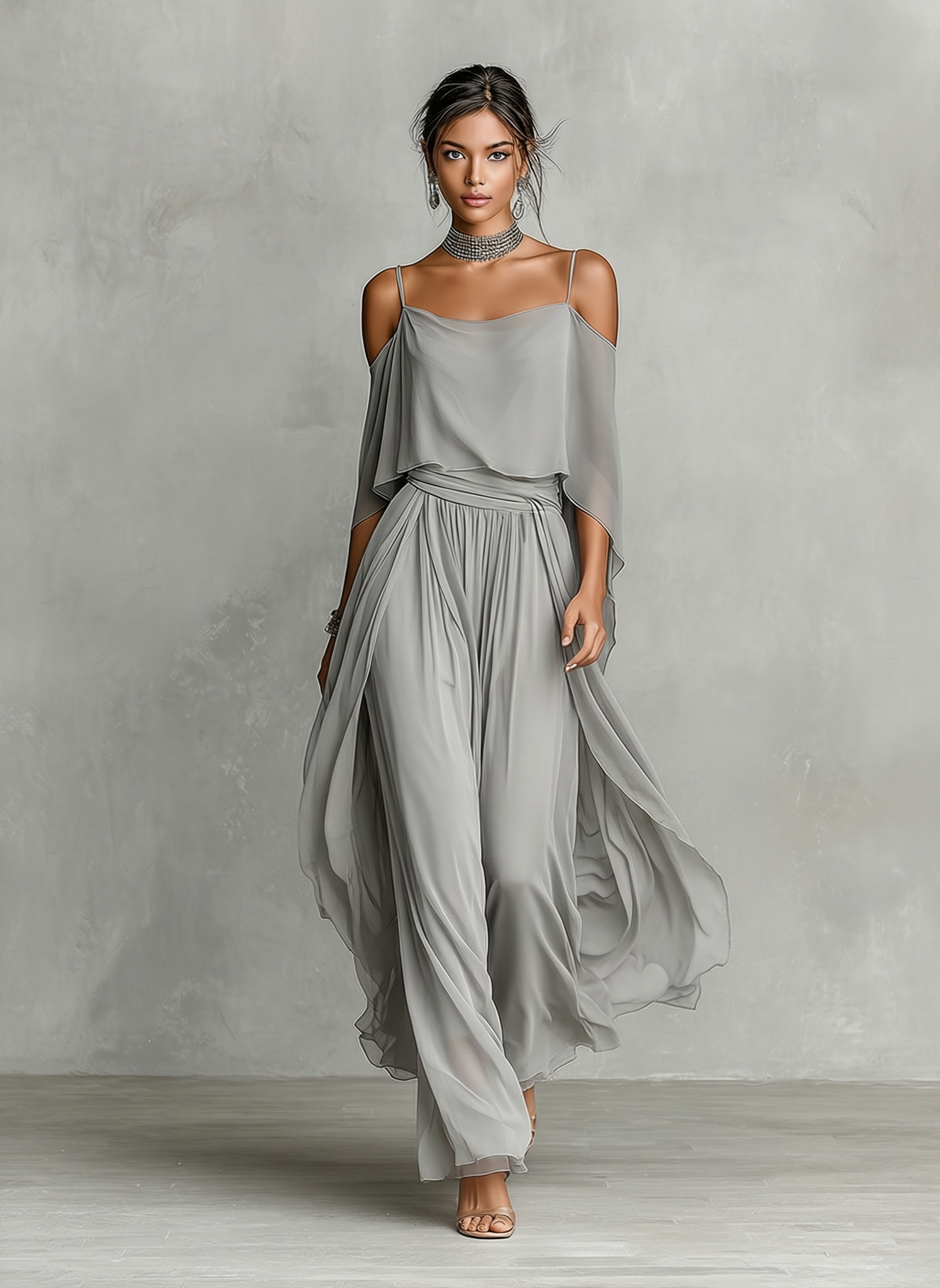 Women's Grey Breathable Chiffon Set With Cold-Shoulder Detail