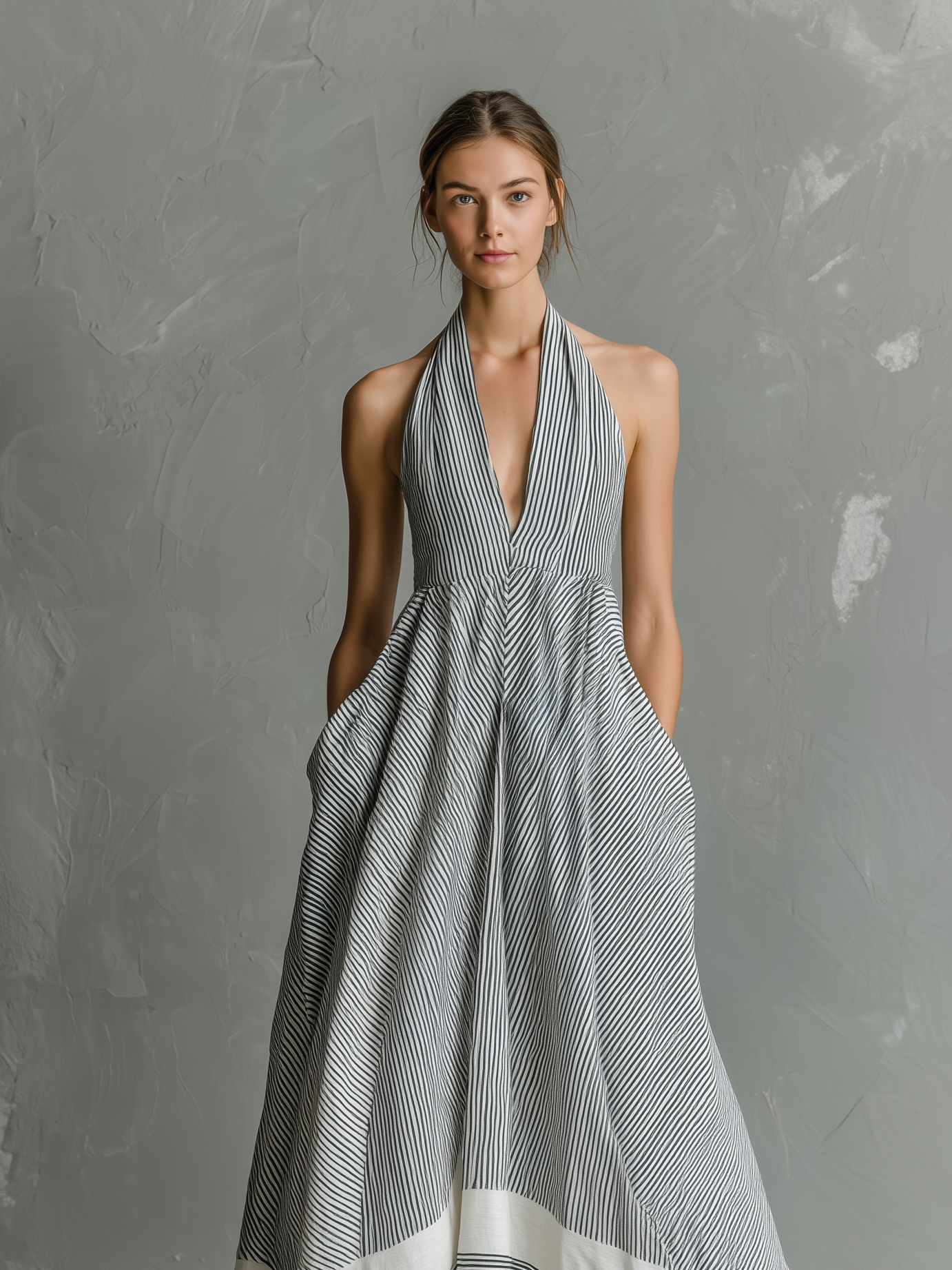 Women's Casual Grey & White Striped Halter-Neck Sleeveless Woven Maxi Dress MDZ0314D2LXY