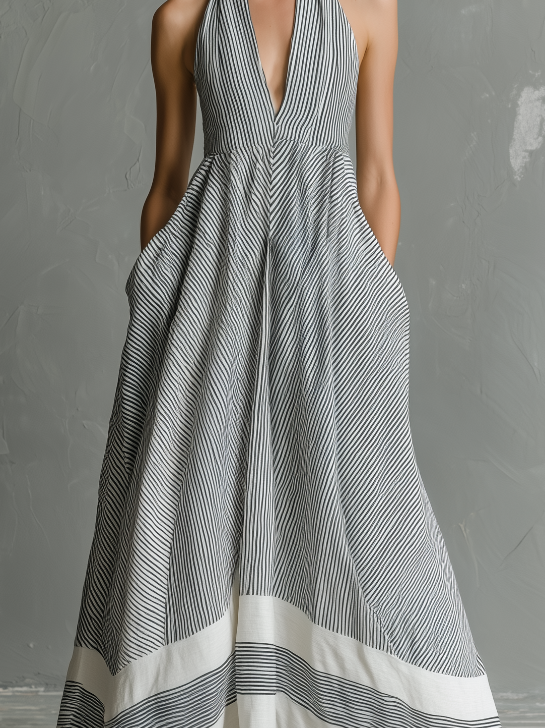 Women's Casual Grey & White Striped Halter-Neck Sleeveless Woven Maxi Dress MDZ0314D2LXY