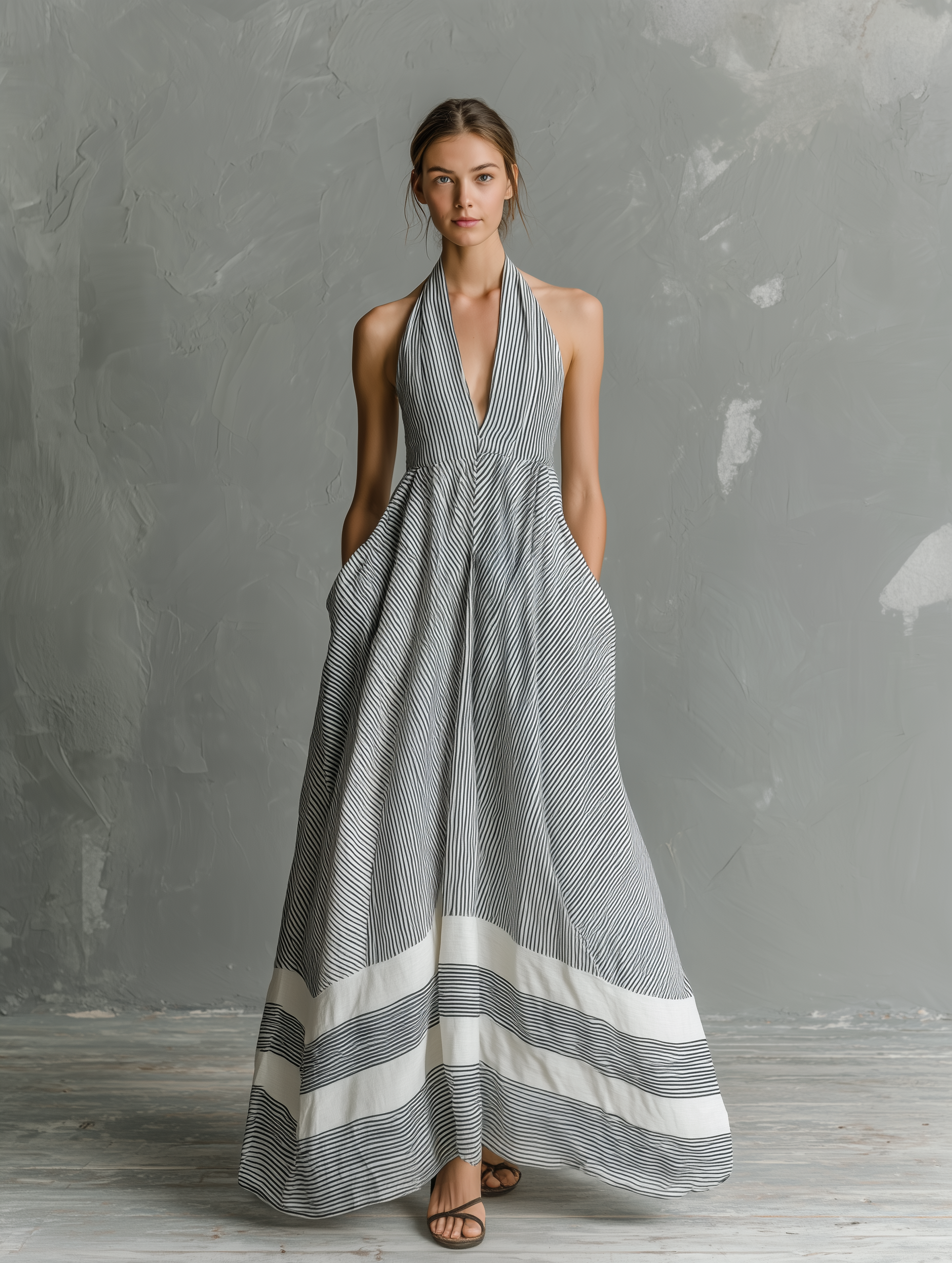 Women's Casual Grey & White Striped Halter-Neck Sleeveless Woven Maxi Dress MDZ0314D2LXY
