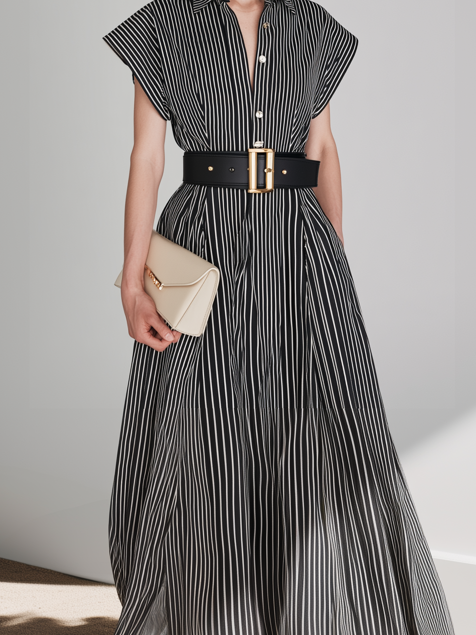 Women's Casual Black And White Striped Woven Short-Sleeve Shirt Dress (Belt Not Included) MDZ0780D6LXY