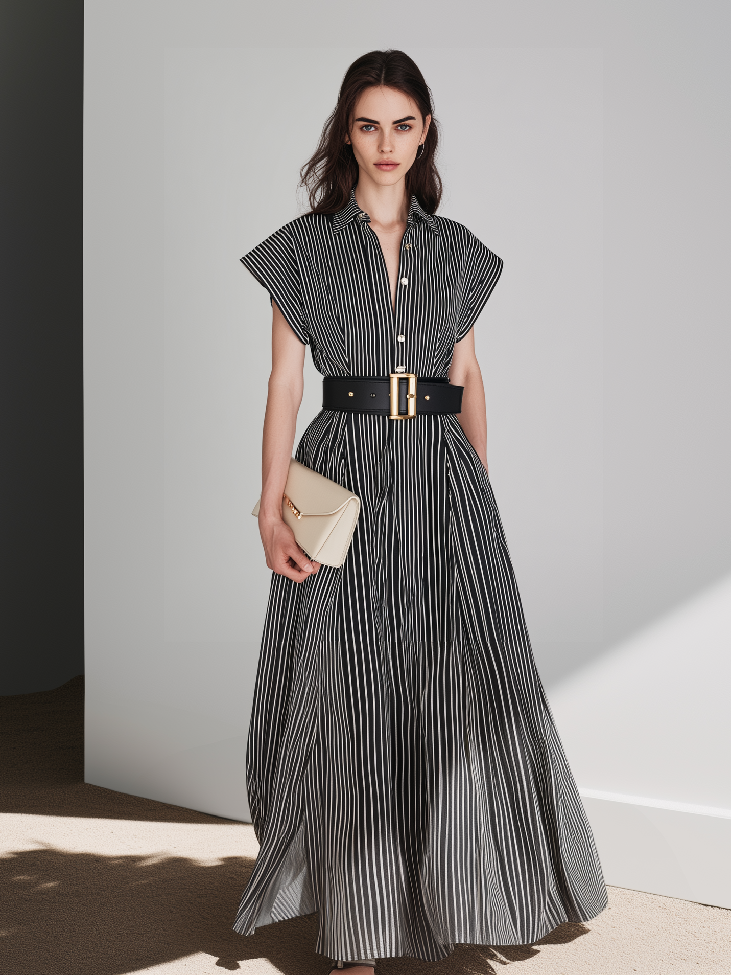 Women's Casual Black And White Striped Woven Short-Sleeve Shirt Dress (Belt Not Included) MDZ0780D6LXY