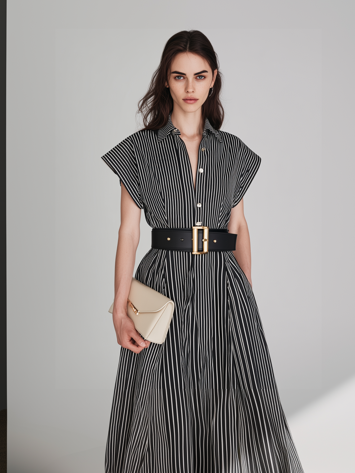 Women's Casual Black And White Striped Woven Short-Sleeve Shirt Dress (Belt Not Included) MDZ0780D6LXY