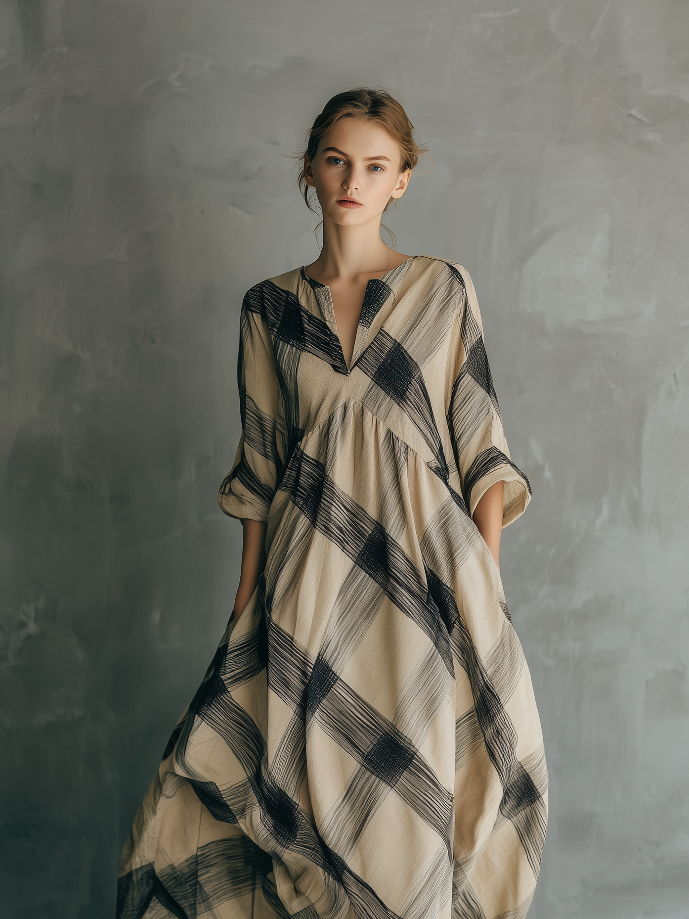 Women's Casual Black & Khaki Plaid Woven Maxi Dress — V-Neck, Mid-Length Sleeves, Loose Fit MDZ0768D8LXY
