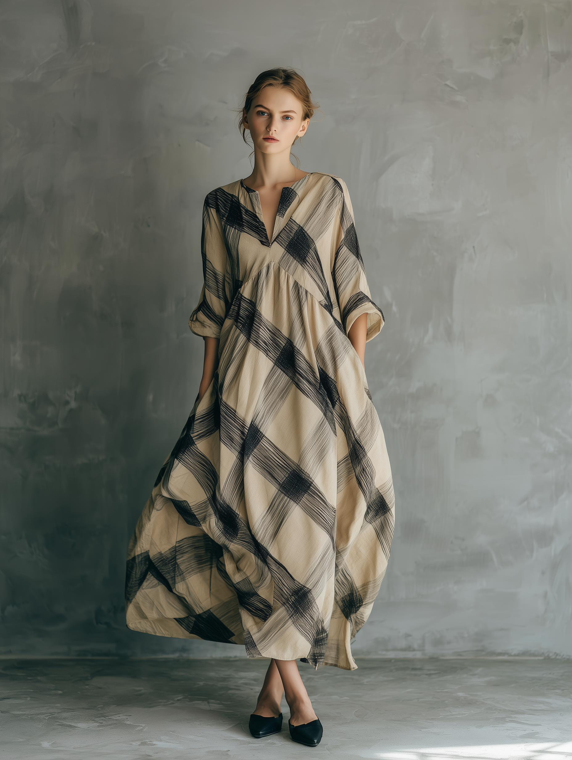Women's Casual Black & Khaki Plaid Woven Maxi Dress — V-Neck, Mid-Length Sleeves, Loose Fit MDZ0768D8LXY