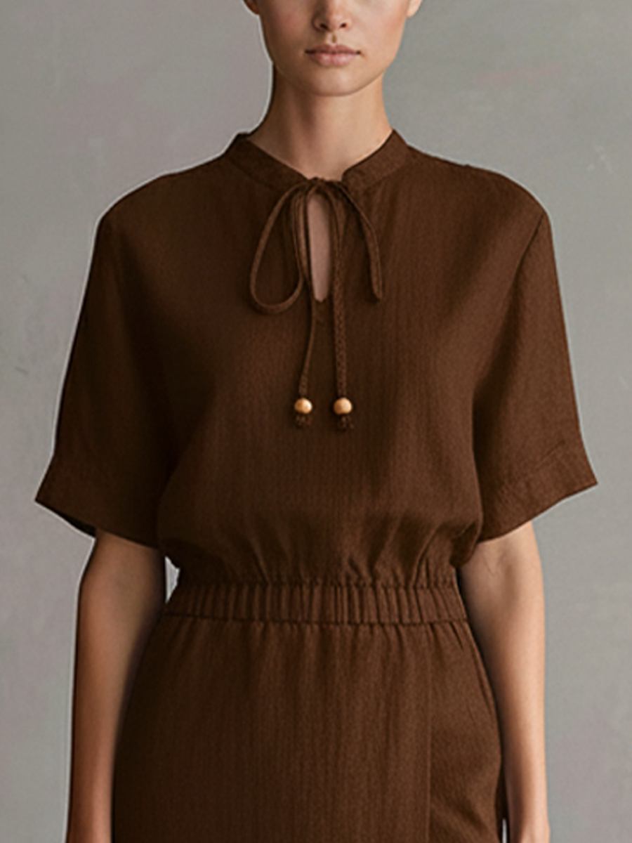Women's Casual Brown Cotton-linen Tie-neck Elastic Waist Slit Maxi Dress MDZ0787D8GMJ