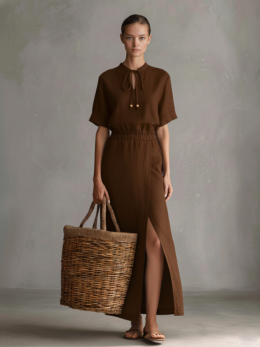 Women's Casual Brown Cotton-linen Tie-neck Elastic Waist Slit Maxi Dress MDZ0787D8GMJ