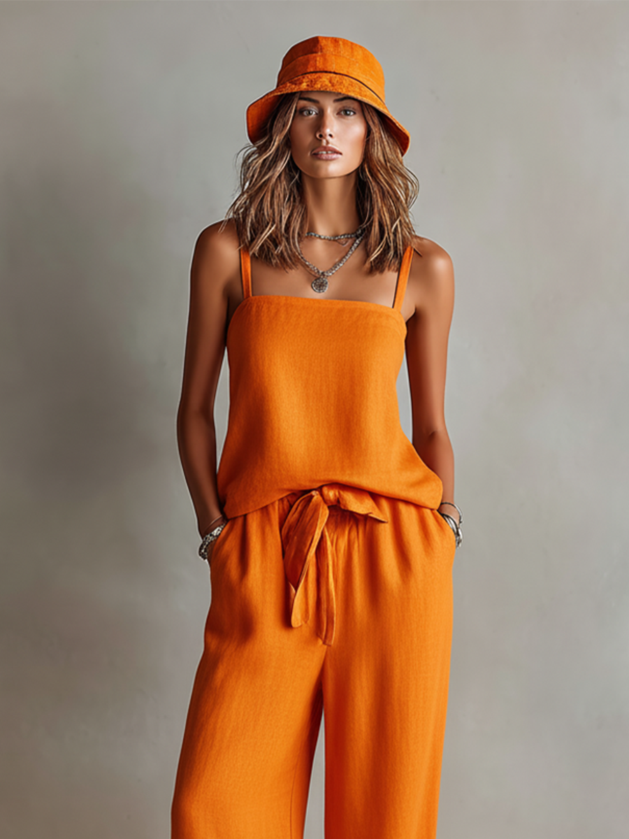 Women's Orange Linen Two-Piece Set With Square Neck Cami Top & Tie-Waist Wide-Leg Pants, Timeless Boho-Resort Style Set MDZ0825D5I