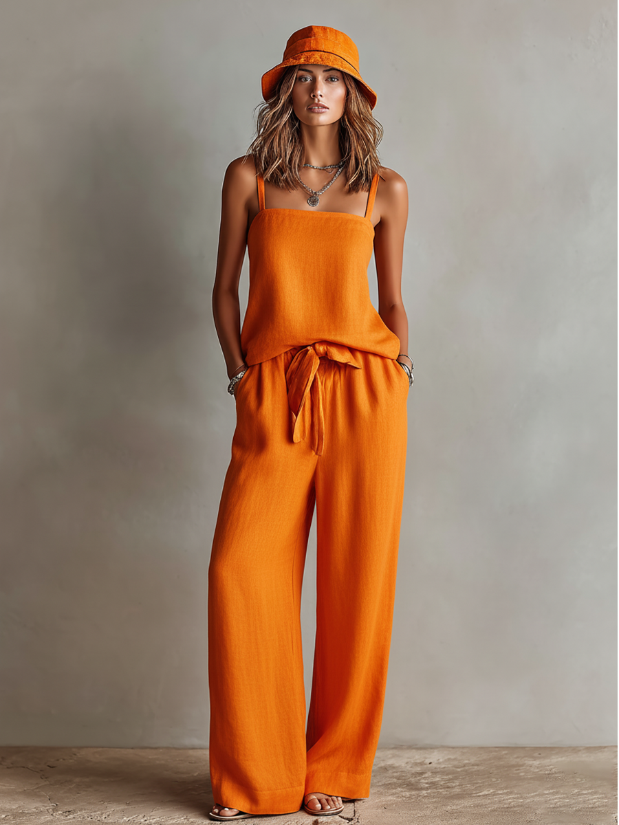 Women's Orange Linen Two-Piece Set With Square Neck Cami Top & Tie-Waist Wide-Leg Pants, Timeless Boho-Resort Style Set MDZ0825D5I