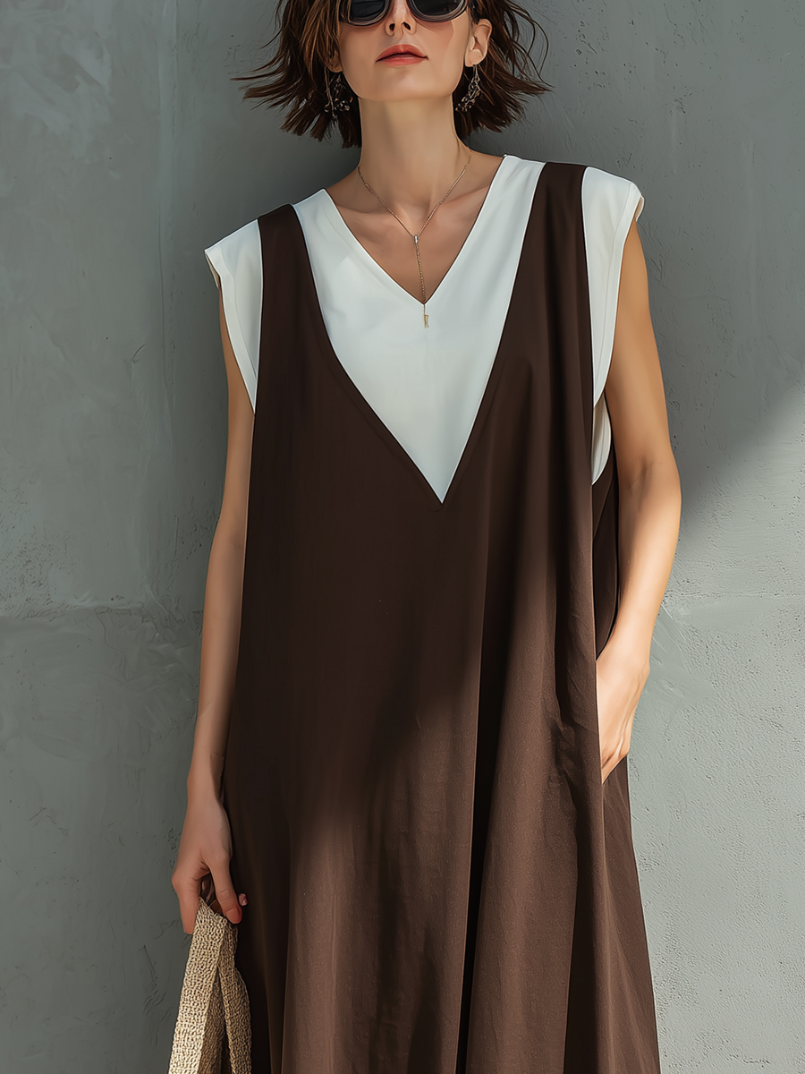 Women’s Boho Brown Linen-Blend Sleeveless V-Neck Oversized Flowy Maxi Dress MDZ0846D8T