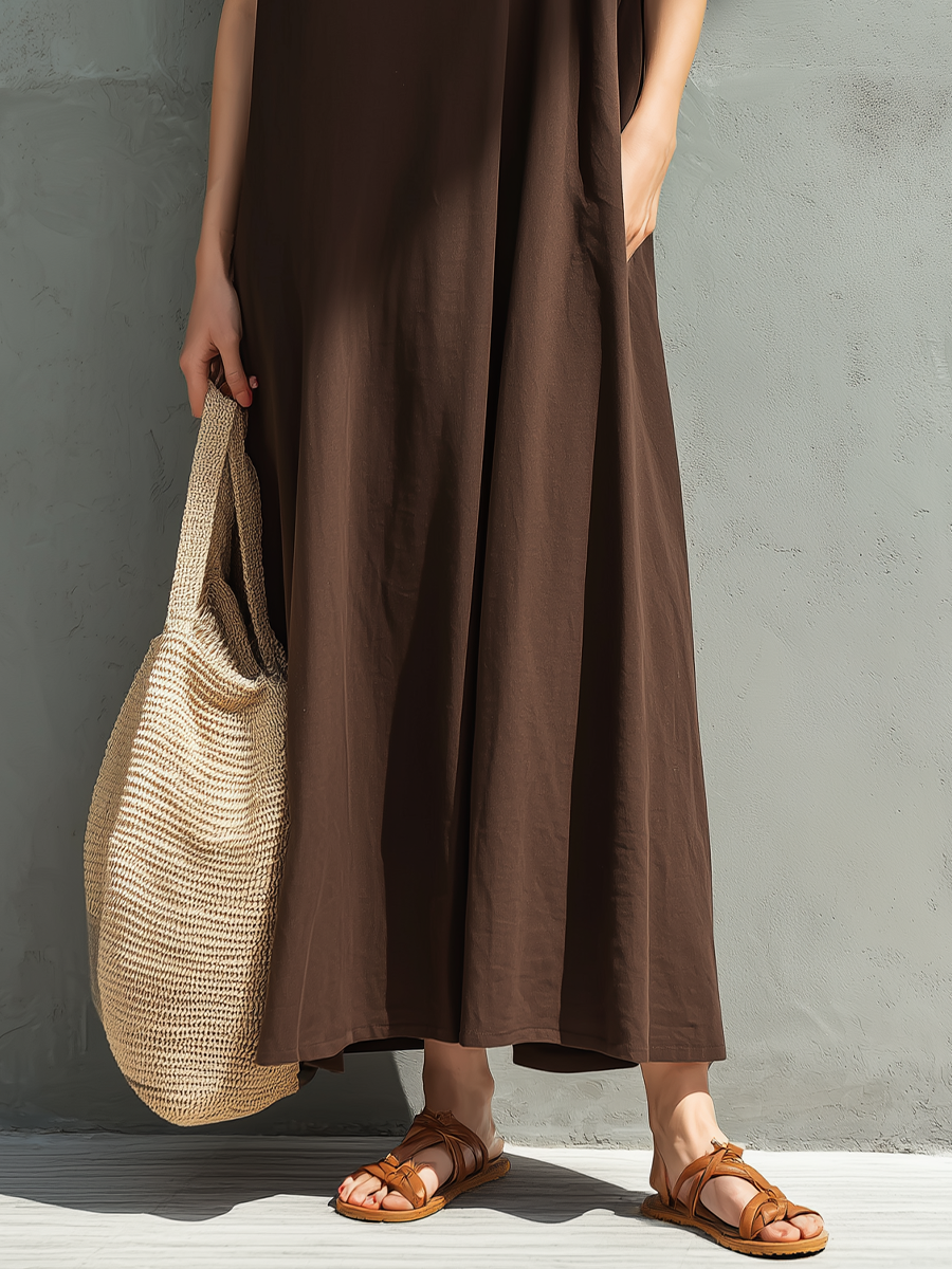 Women’s Boho Brown Linen-Blend Sleeveless V-Neck Oversized Flowy Maxi Dress MDZ0846D8T
