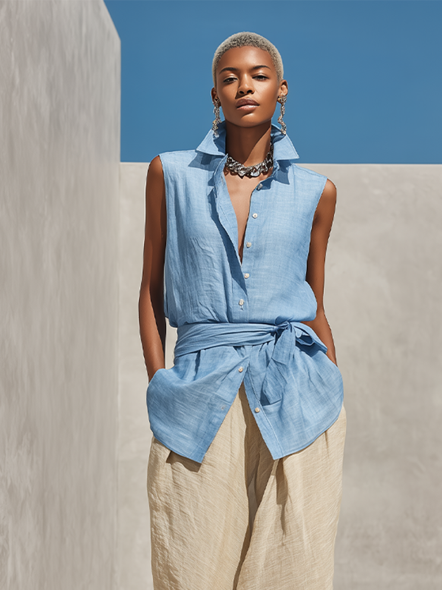 Women's Blue & Beige Linen Two-Piece Set With Sleeveless Tie-Waist Shirt & High-Waisted Wide-Leg Pants, Timeless Minimalist-Chic Style Set MDZ0875D4I