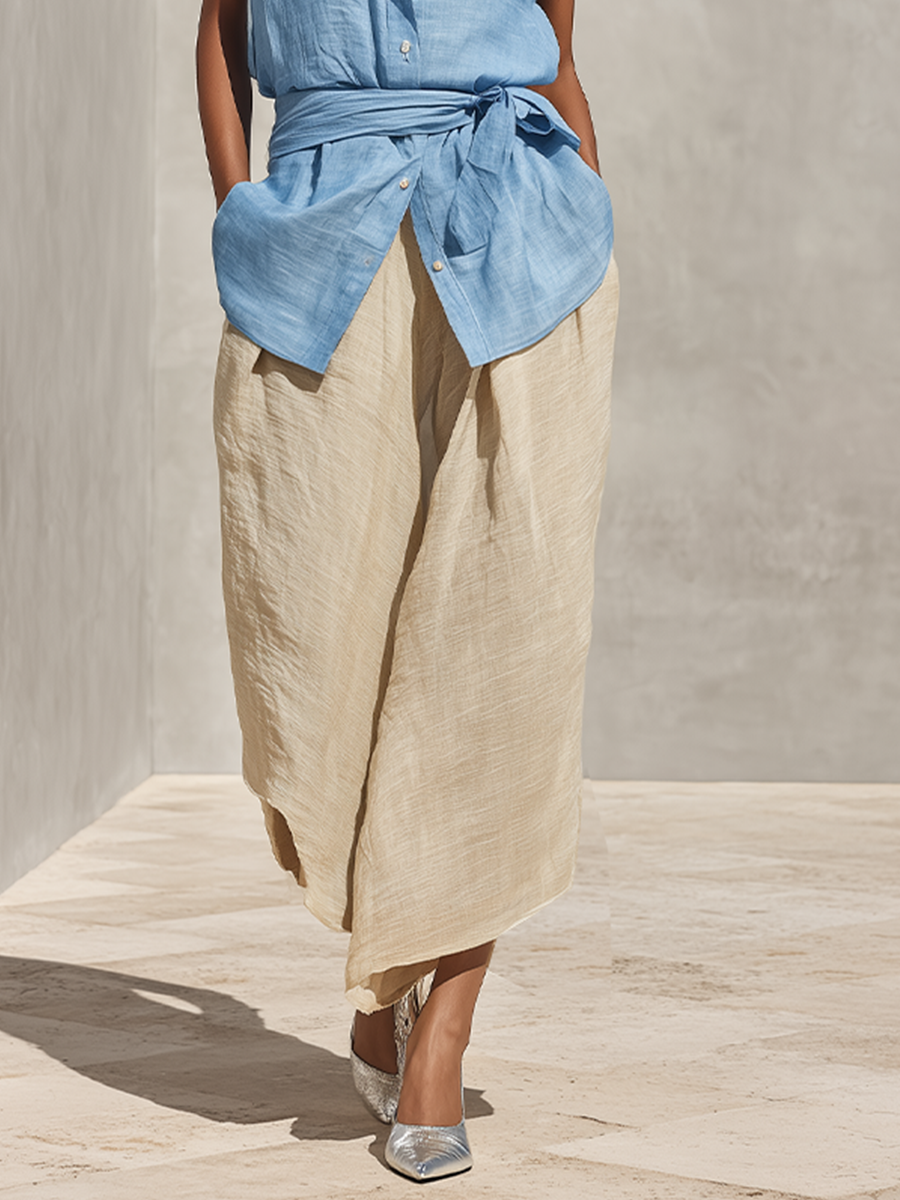 Women's Blue & Beige Linen Two-Piece Set With Sleeveless Tie-Waist Shirt & High-Waisted Wide-Leg Pants, Timeless Minimalist-Chic Style Set MDZ0875D4I