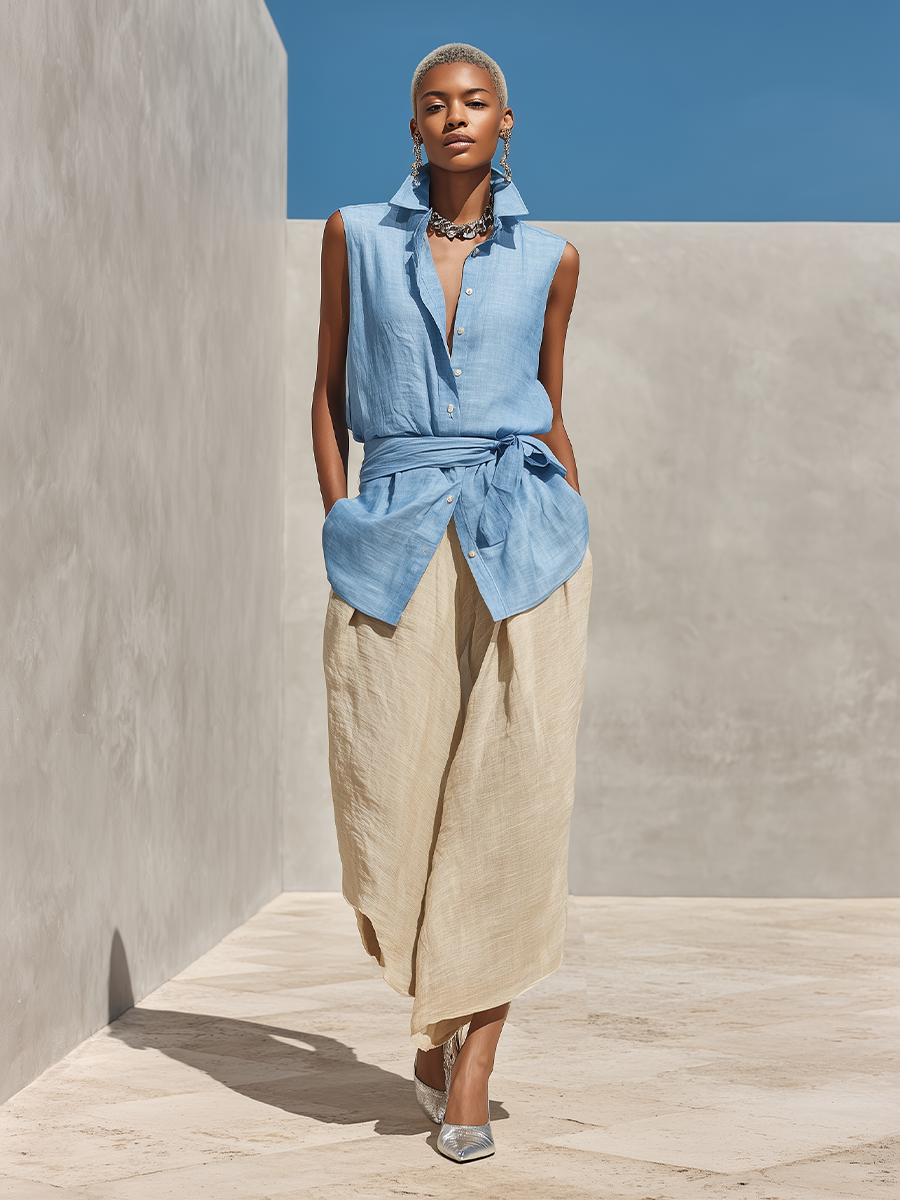 Women's Blue & Beige Linen Two-Piece Set With Sleeveless Tie-Waist Shirt & High-Waisted Wide-Leg Pants, Timeless Minimalist-Chic Style Set MDZ0875D4I