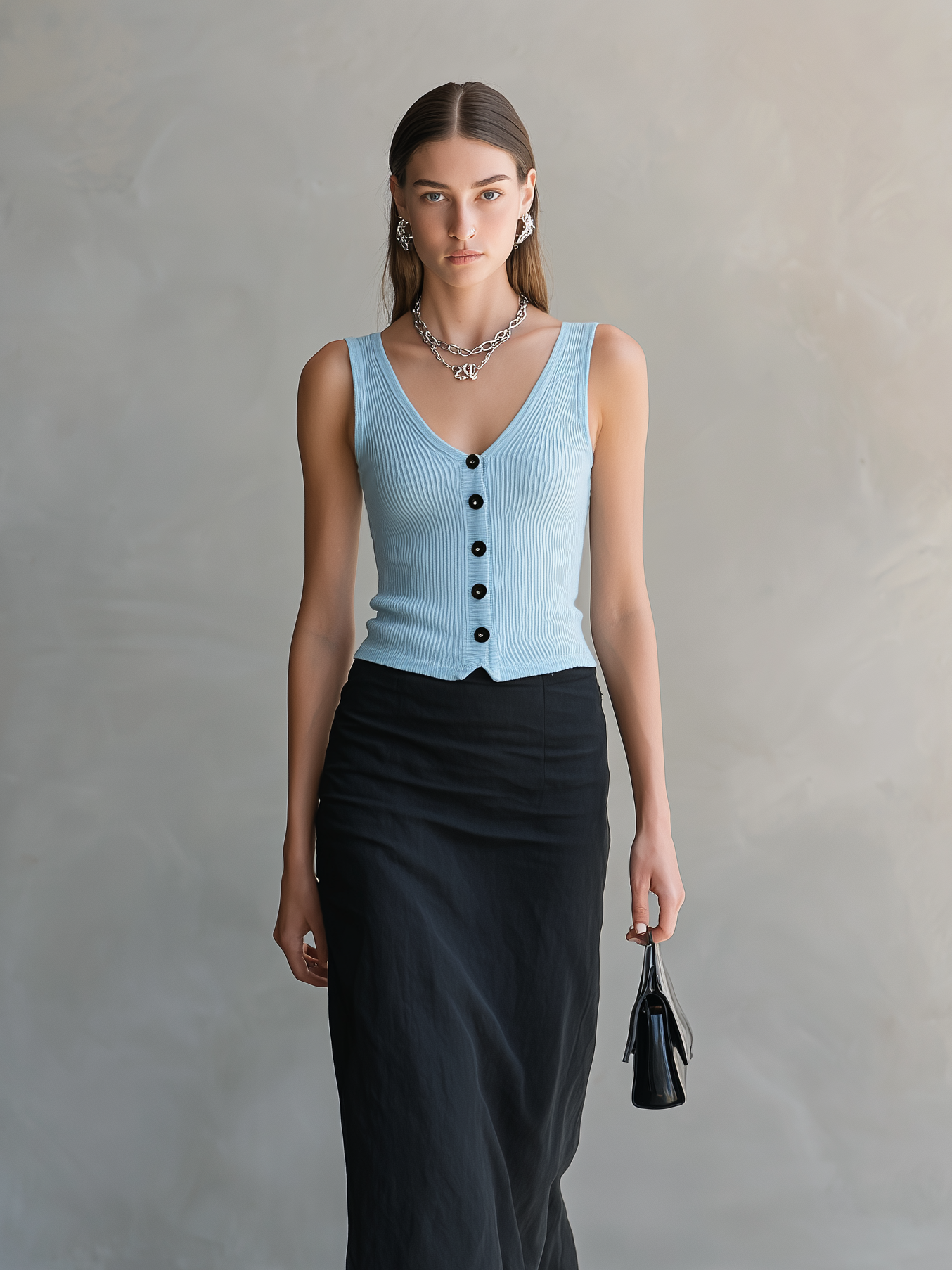 Women's Casual Light Blue Lightweight Knit Vest And Black Woven Skirt Set MDZ0994D8LXY