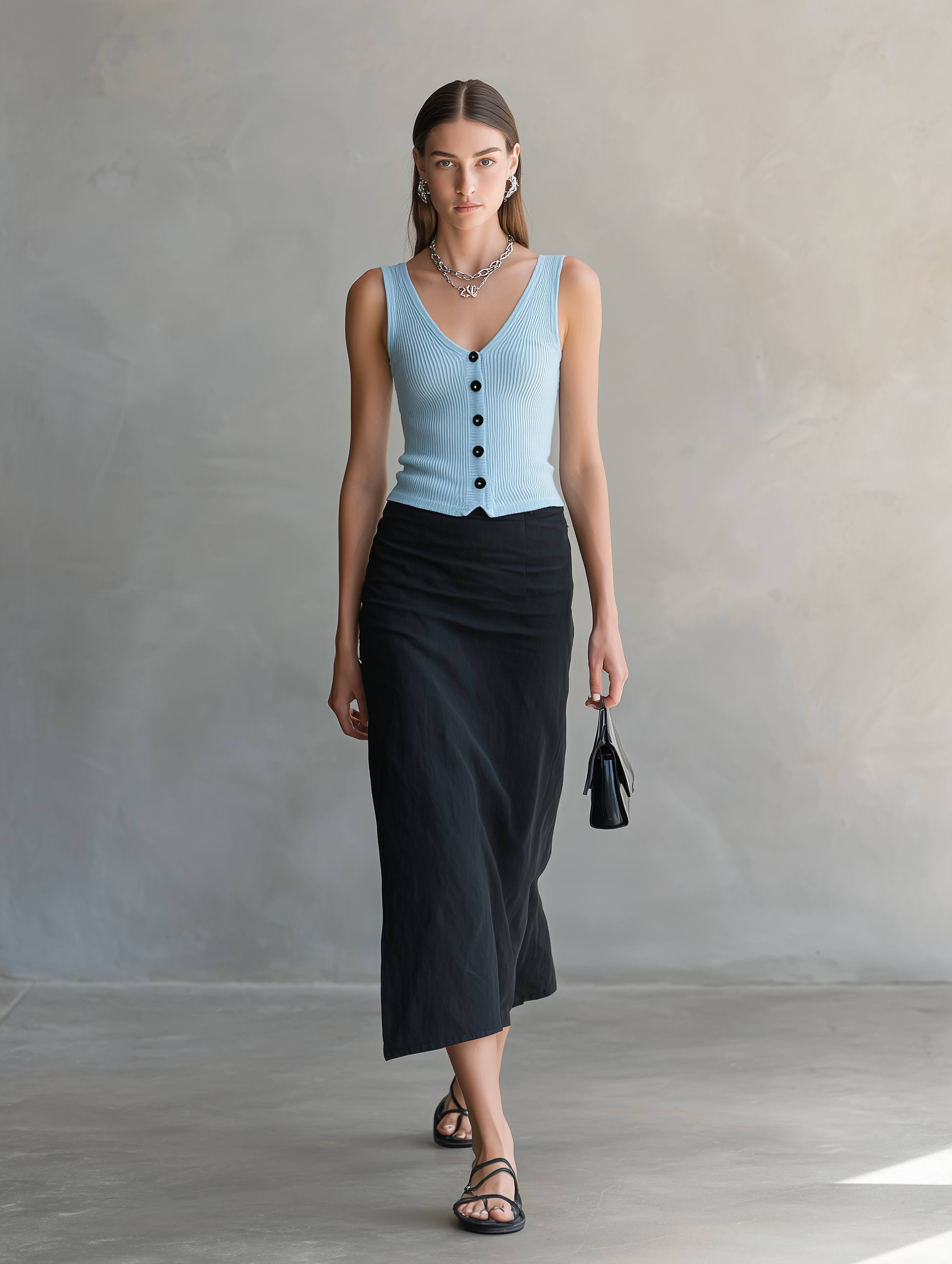 Women's Casual Light Blue Lightweight Knit Vest And Black Woven Skirt Set MDZ0994D8LXY