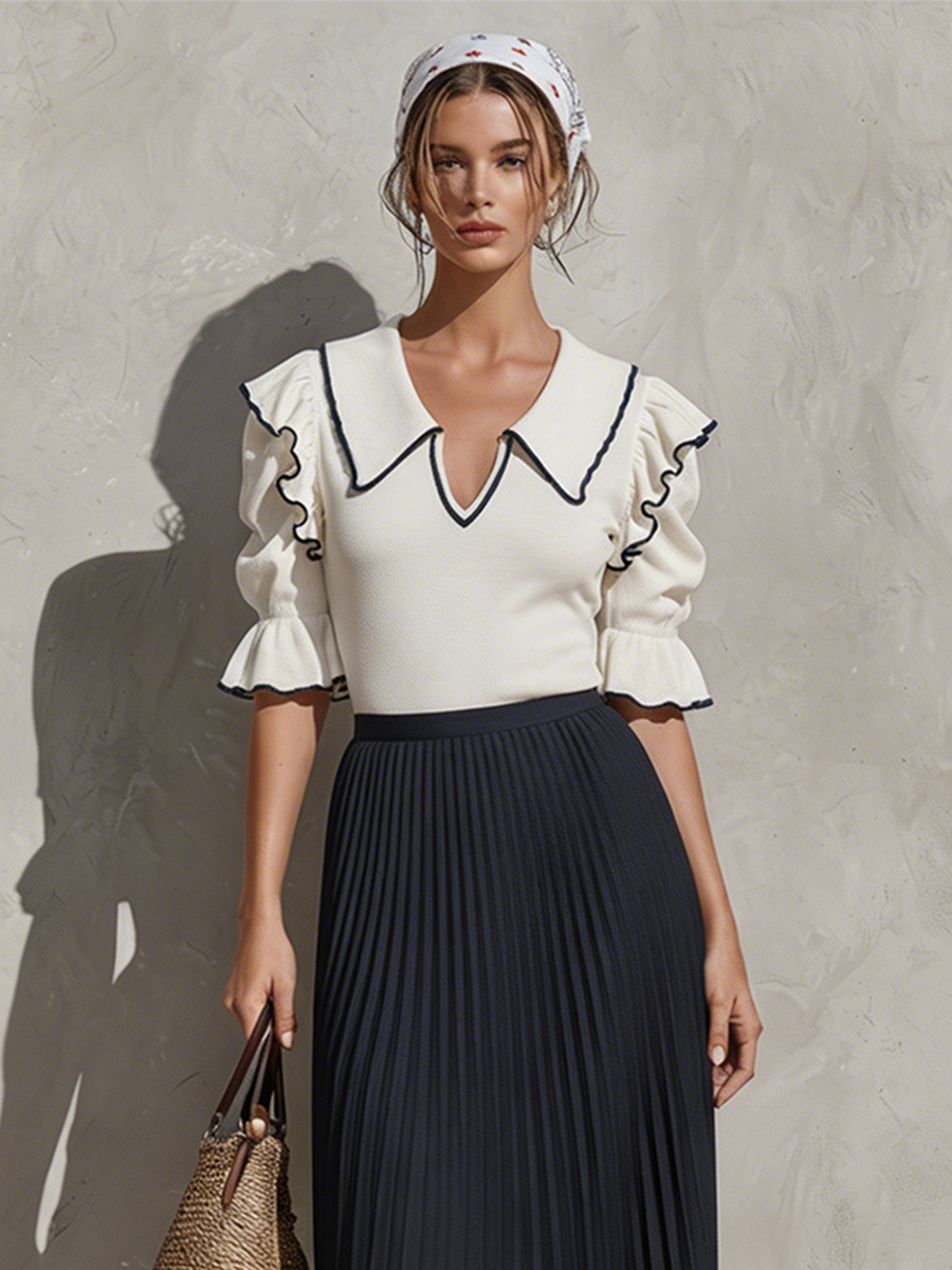 Women's White & Navy Two-Piece Set With Ruffle Collar Knit Top & Pleated Maxi Skirt, Contemporary Effortless-Resort Style Set MDZ1042D1I
