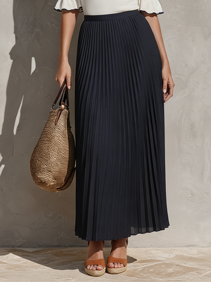 Women's White & Navy Two-Piece Set With Ruffle Collar Knit Top & Pleated Maxi Skirt, Contemporary Effortless-Resort Style Set MDZ1042D1I