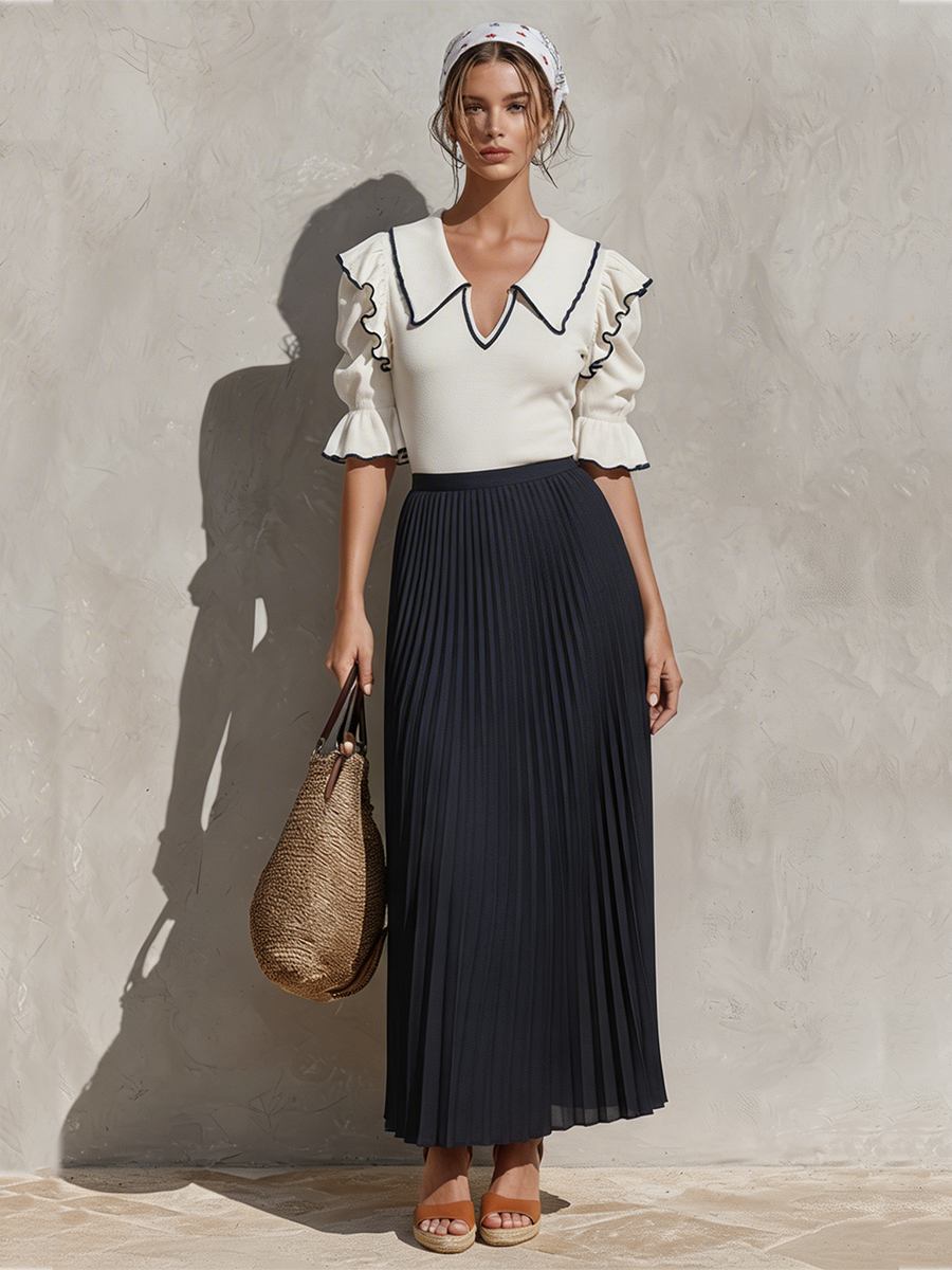 Women's White & Navy Two-Piece Set With Ruffle Collar Knit Top & Pleated Maxi Skirt, Contemporary Effortless-Resort Style Set MDZ1042D1I