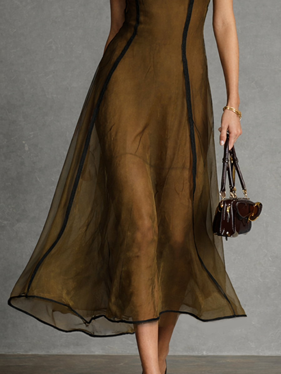 Women's Sexy Brown Sheer Chiffon Black Trim Camisole Midi Dress MDZ1032D9GMJ
