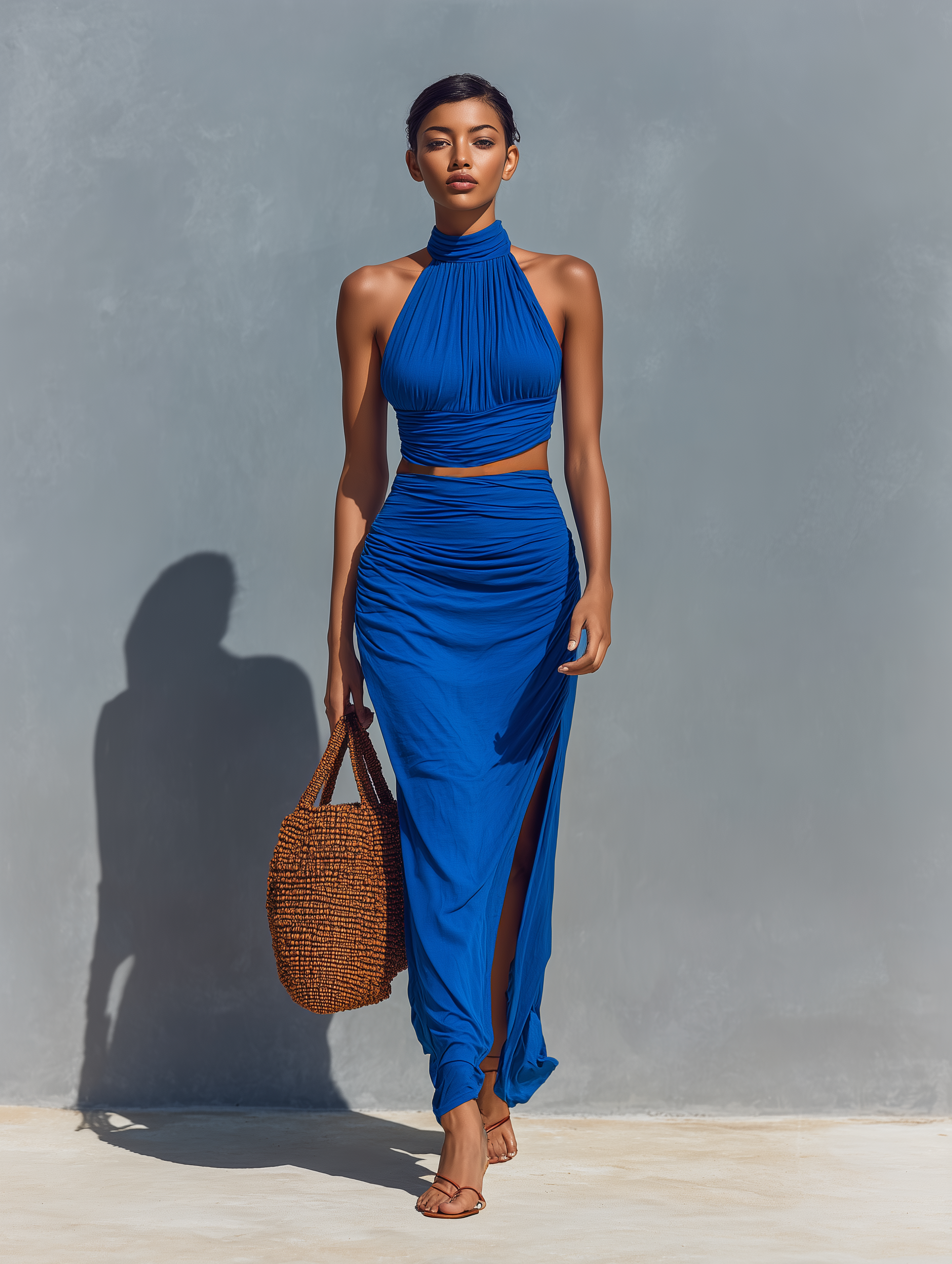 Women’s Cobalt Blue Ruched Halter Neck Crop Top & High-Waisted Ruched Slit Maxi Skirt Two-Piece Set MDZ1154D0T