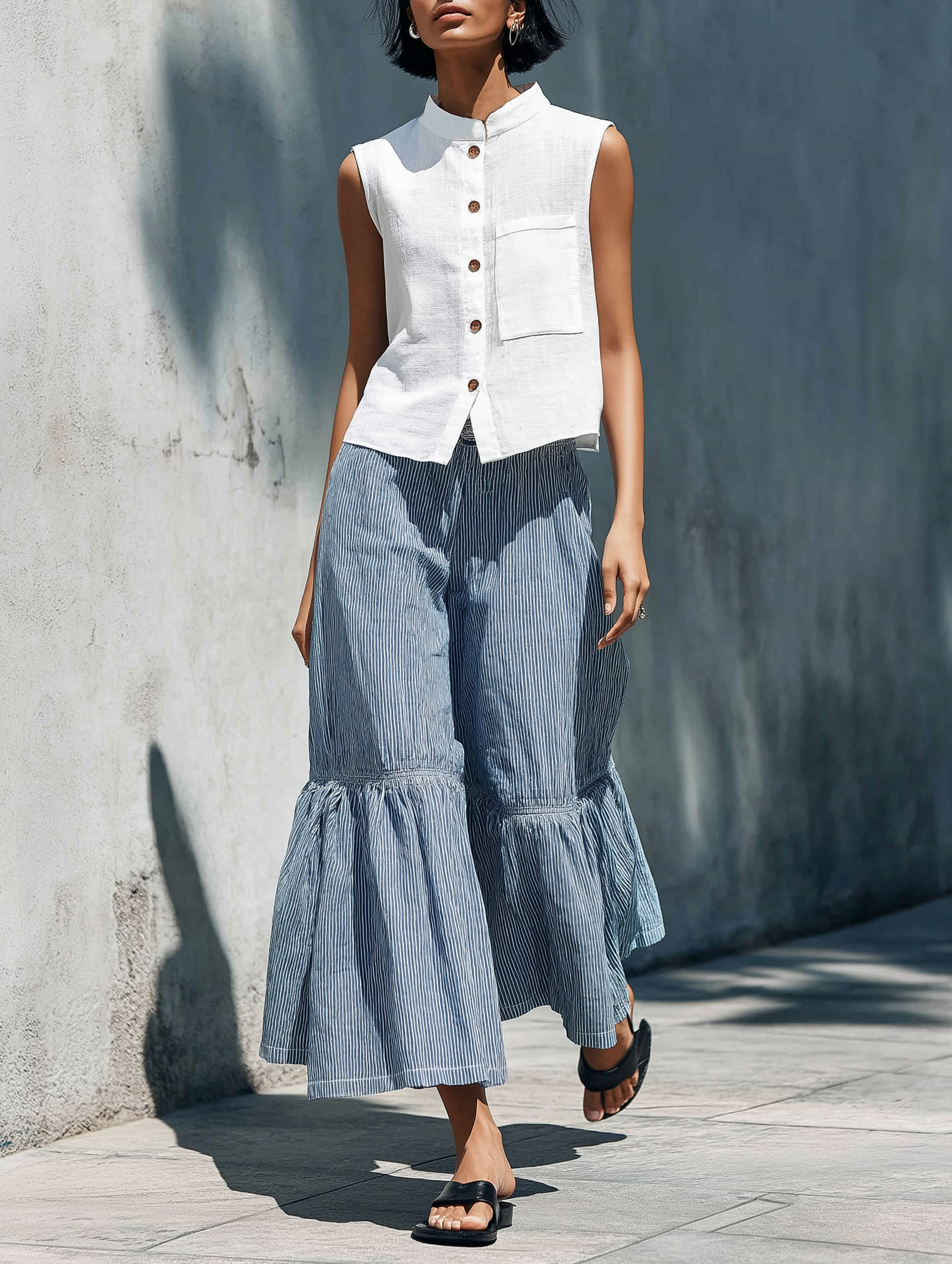 Women's Minimalist Stand-Collar Sleeveless Shirt & Striped Wide-Leg Pants Set MDZ1104D0Y