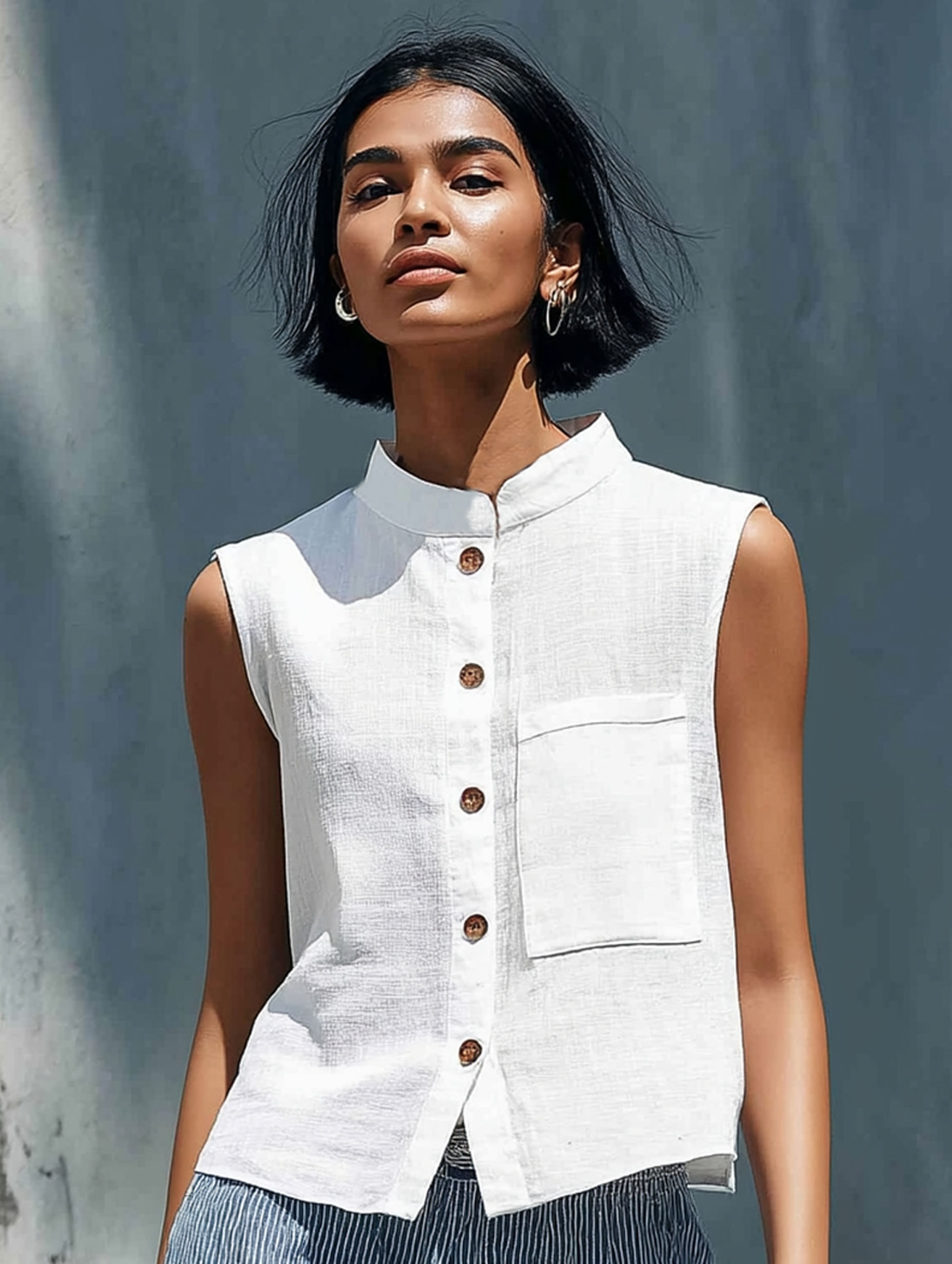 Women's Minimalist Stand-Collar Sleeveless Shirt & Striped Wide-Leg Pants Set MDZ1104D0Y