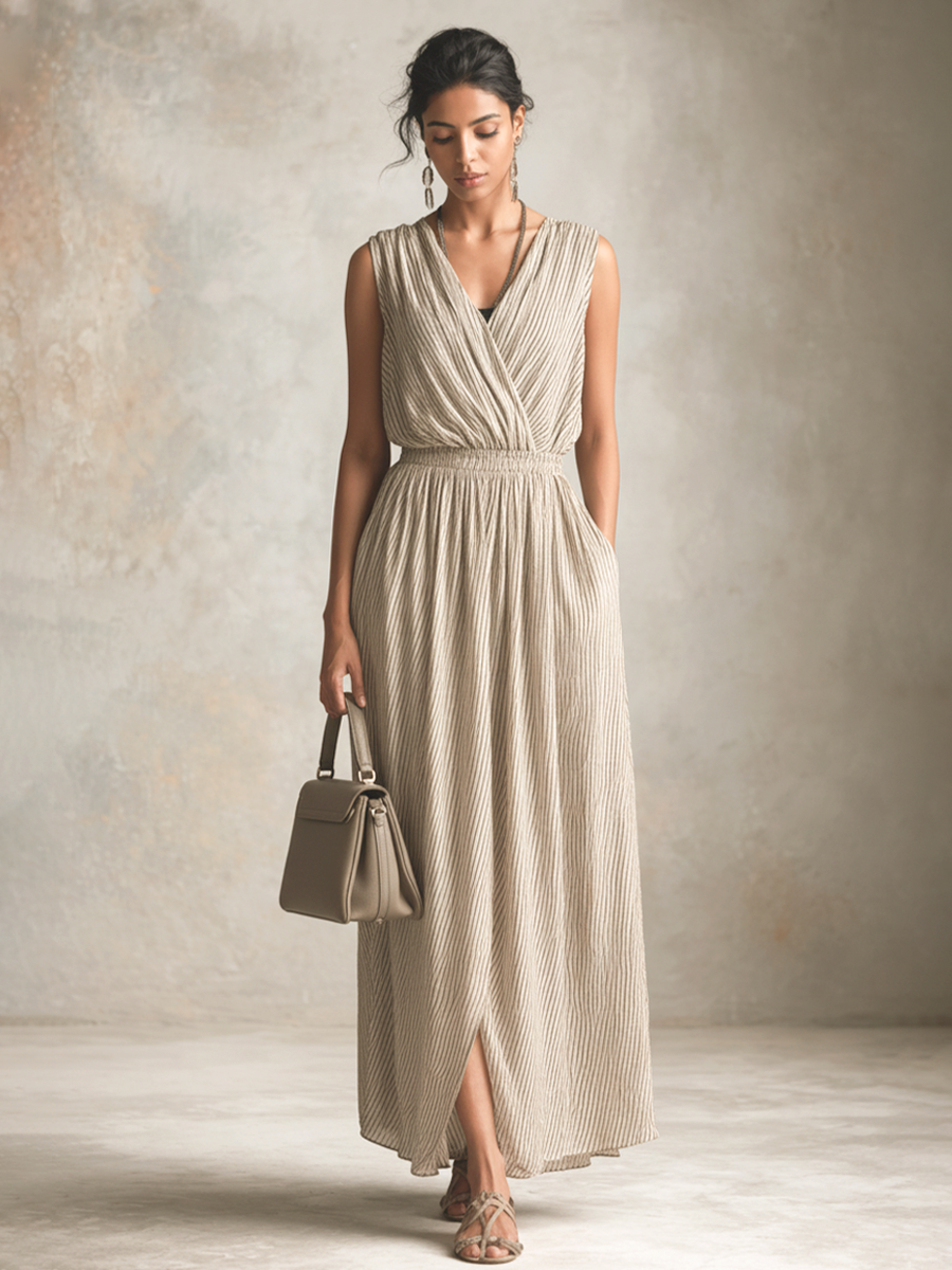 Women's Casual Khaki And White Striped Cotton Linen Sleeveless V-neck Slit Long Dress MDZ1141D5GMJ
