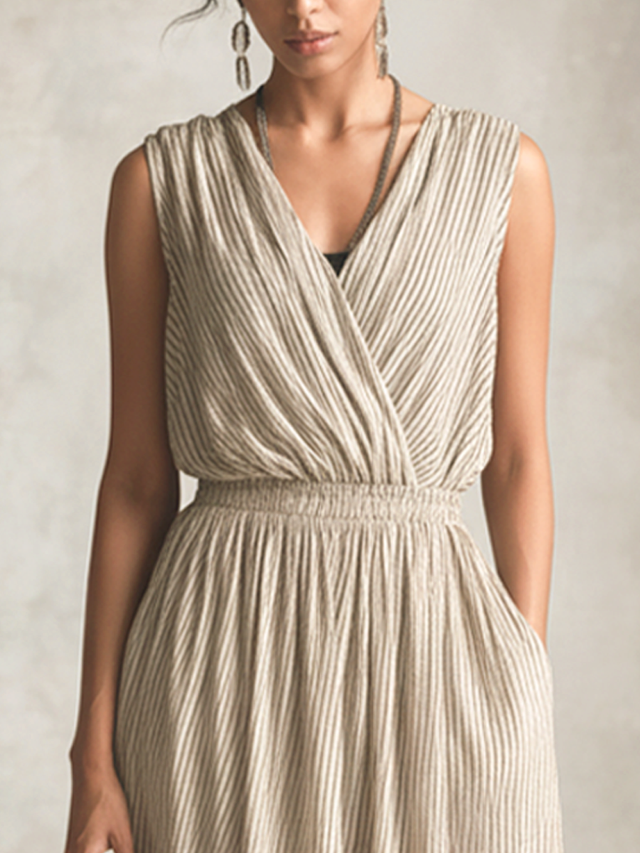 Women's Casual Khaki And White Striped Cotton Linen Sleeveless V-neck Slit Long Dress MDZ1141D5GMJ