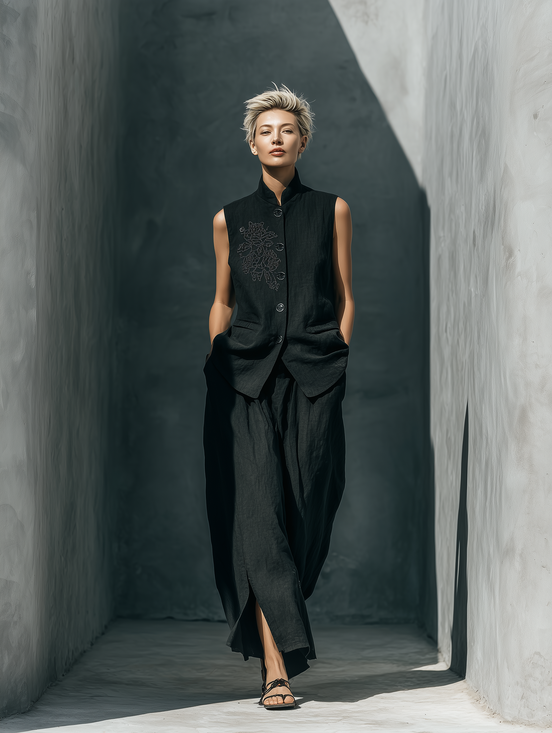 Women’s Black Linen-Blend Stand Collar Floral Embroidered Sleeveless Vest & High-Waisted Skirt Two-Piece Set MDZ1351D1T