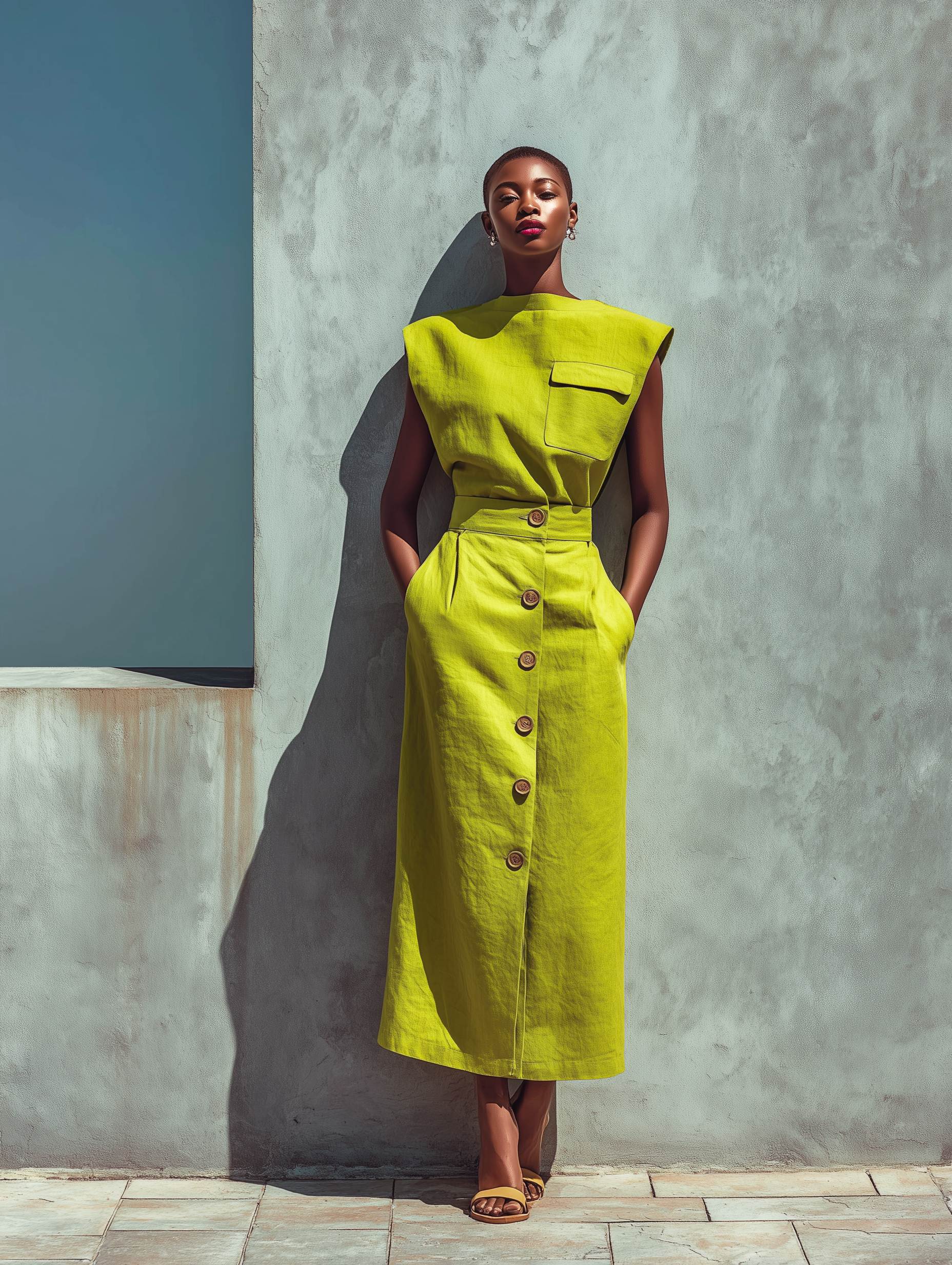 Women's Lemon Green Linen-Blend Sleeveless Top And Button-Front Midi Skirt Set MDZ1343D3T