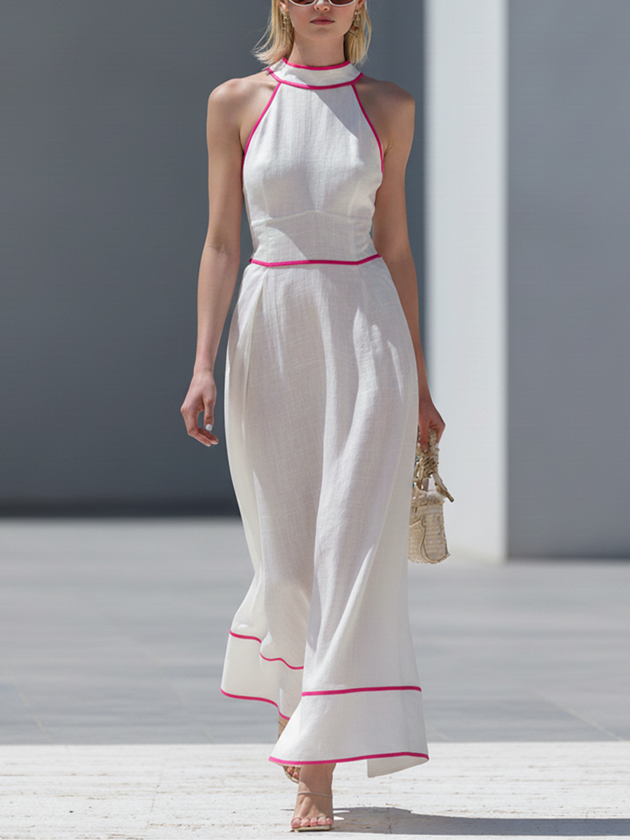 Women's Elegant White Cotton-Linen Maxi Dress — Halter Neck, Empire Waist, With Pink Piping MDZ1183D0GMJ